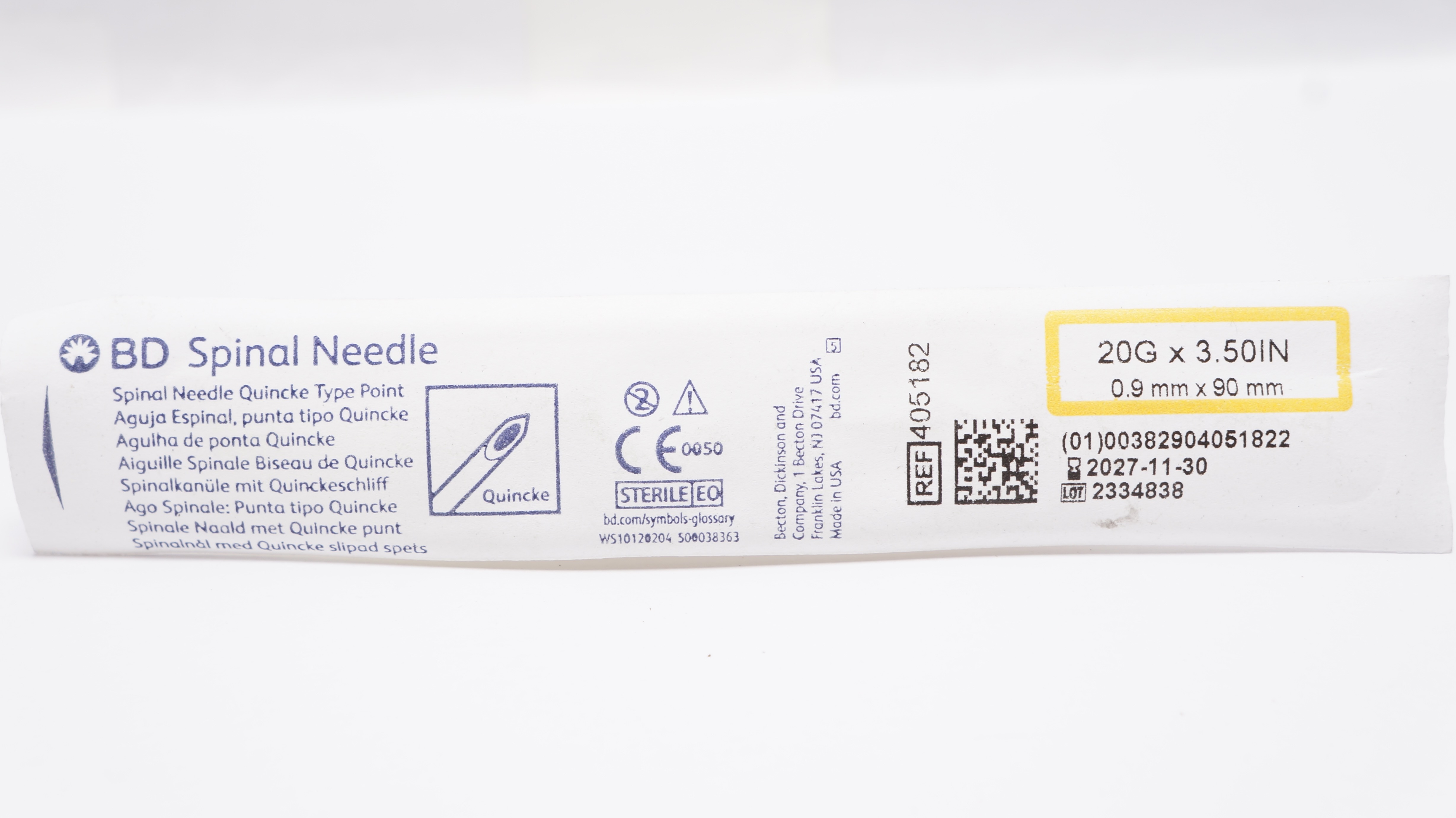BD 405182 Spinal Ndle Quincke Type Point 20Ga x 3.50 inch