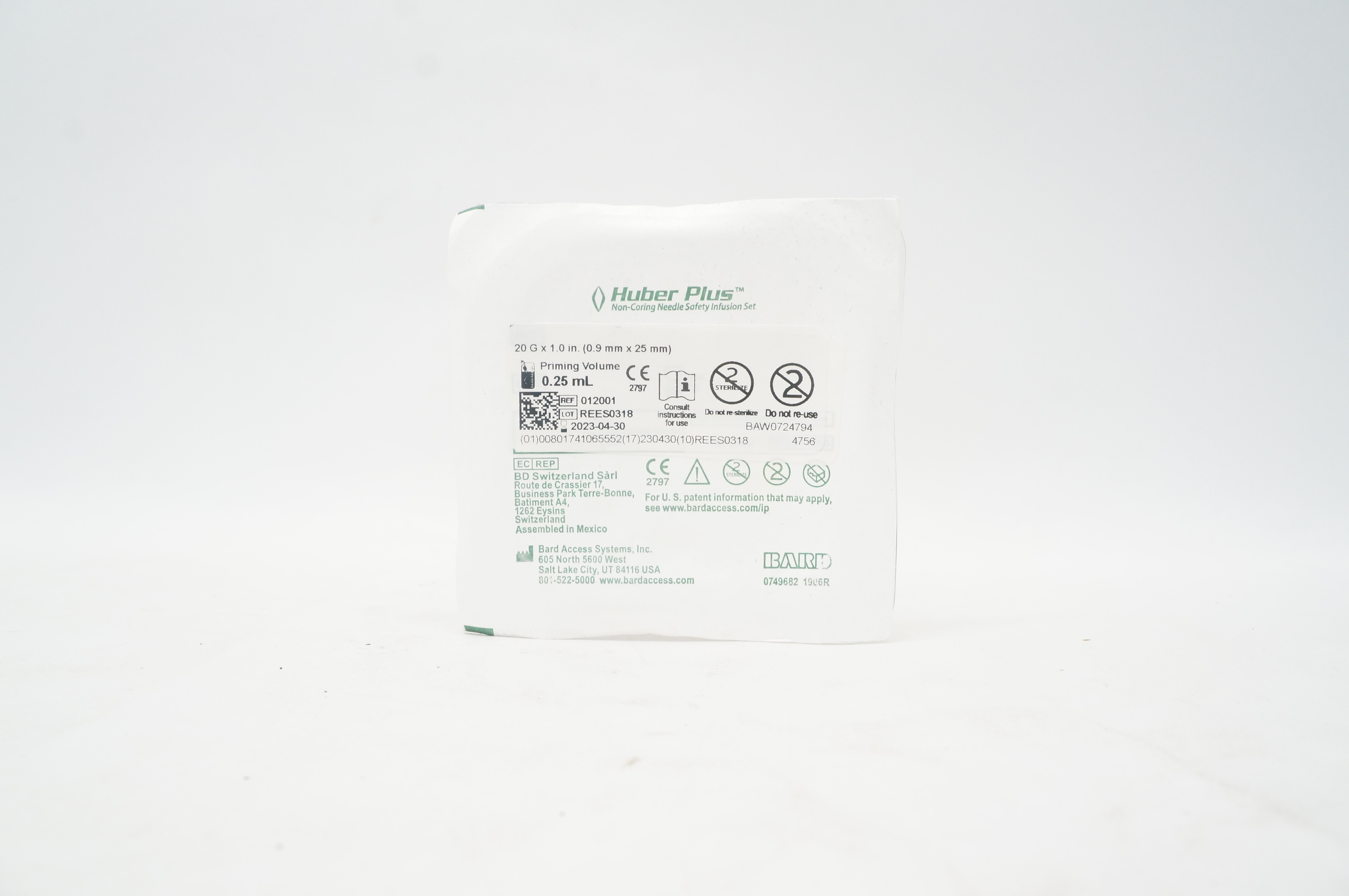 Bard 012001 Huber Plus Non-Coring Ndle Safety Infusion Set 20G x 1.0 inch