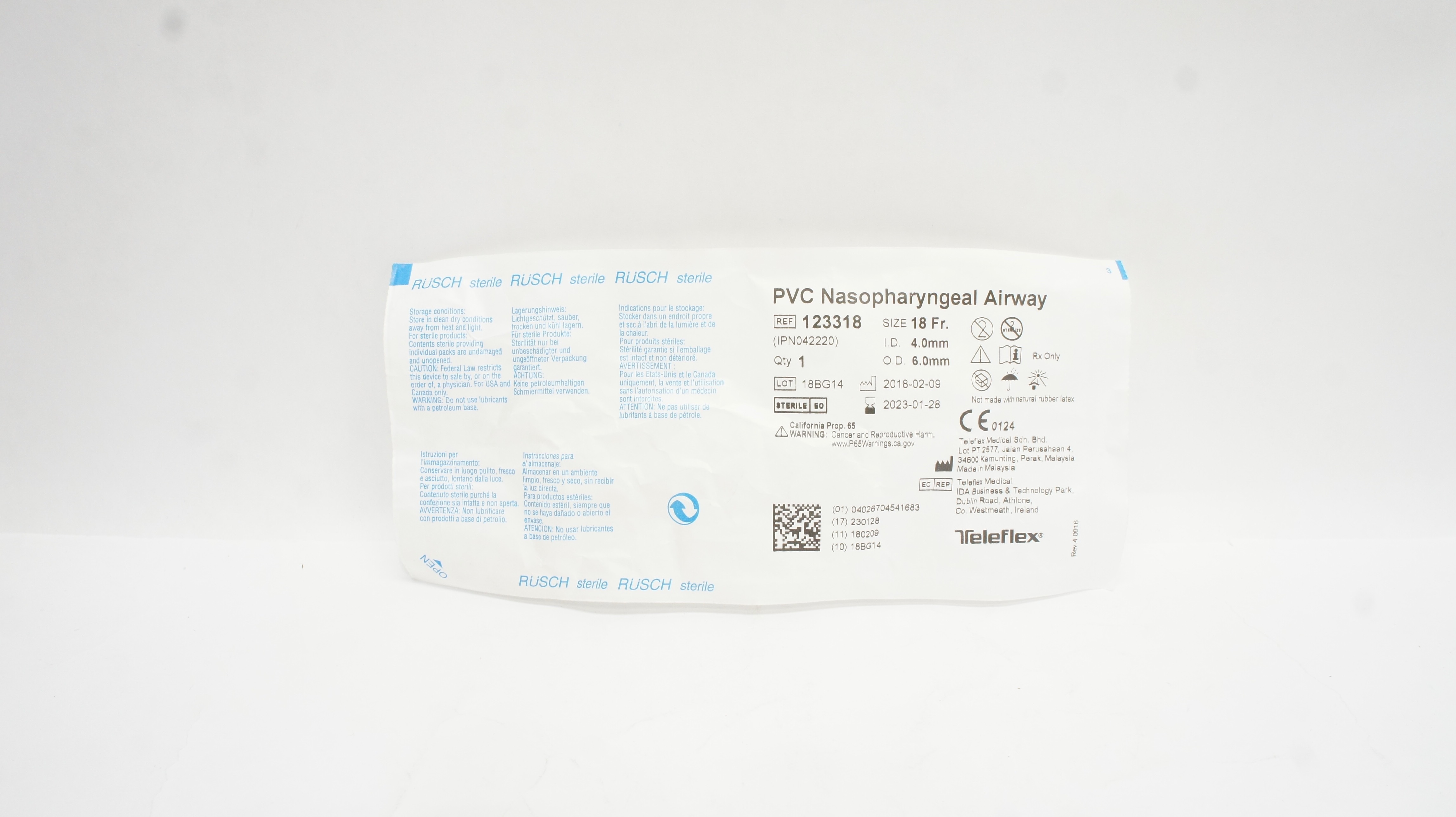 Teleflex 123318 Rusch PVC Nasopharyngeal Airway 18Fr x ID 4.0mm x OD 6.0mm (x)