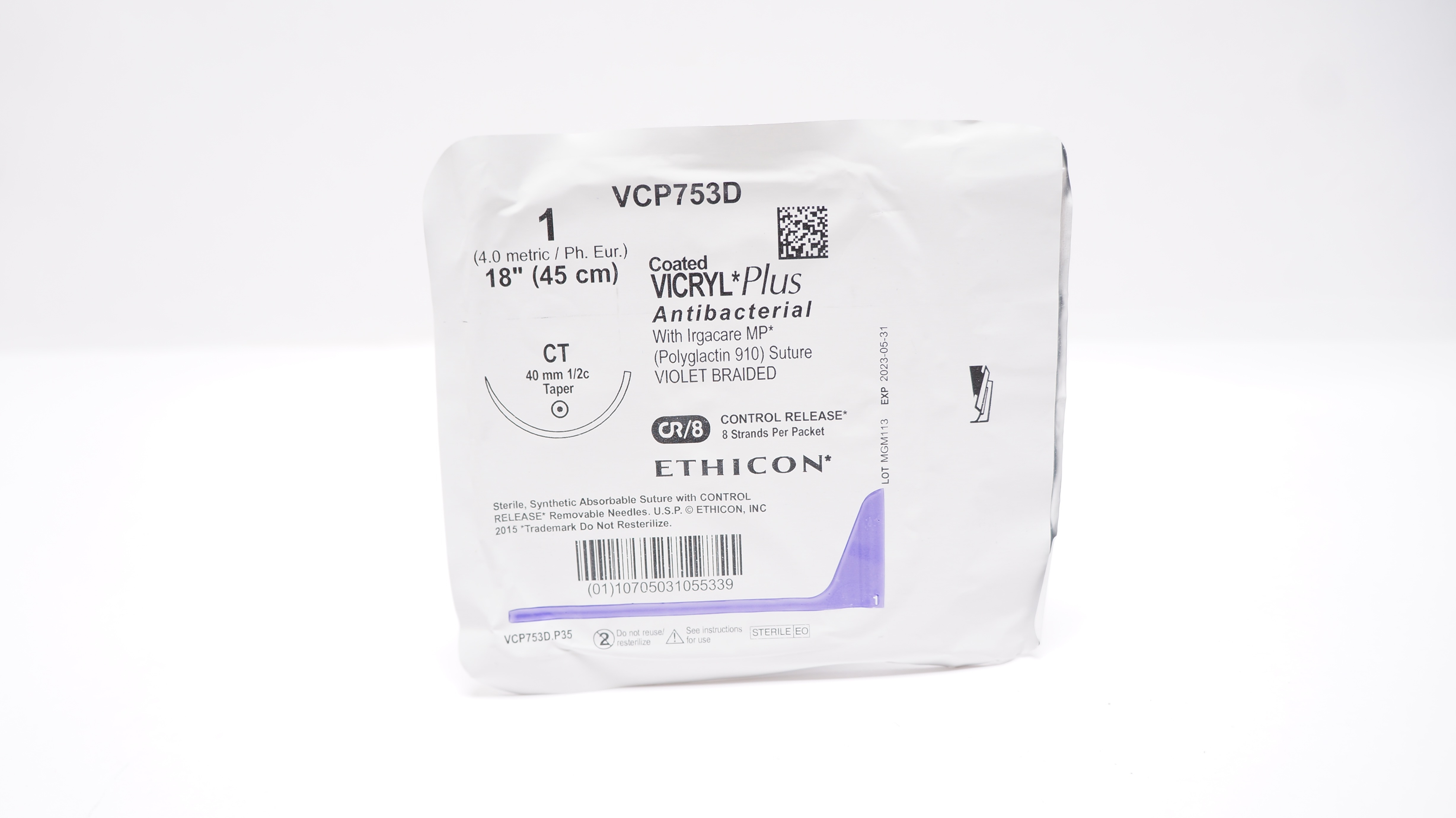 Ethicon VCP753D 1 Coated VICRYL, CT, 40mm 1/2c Taper, 18inch (x)