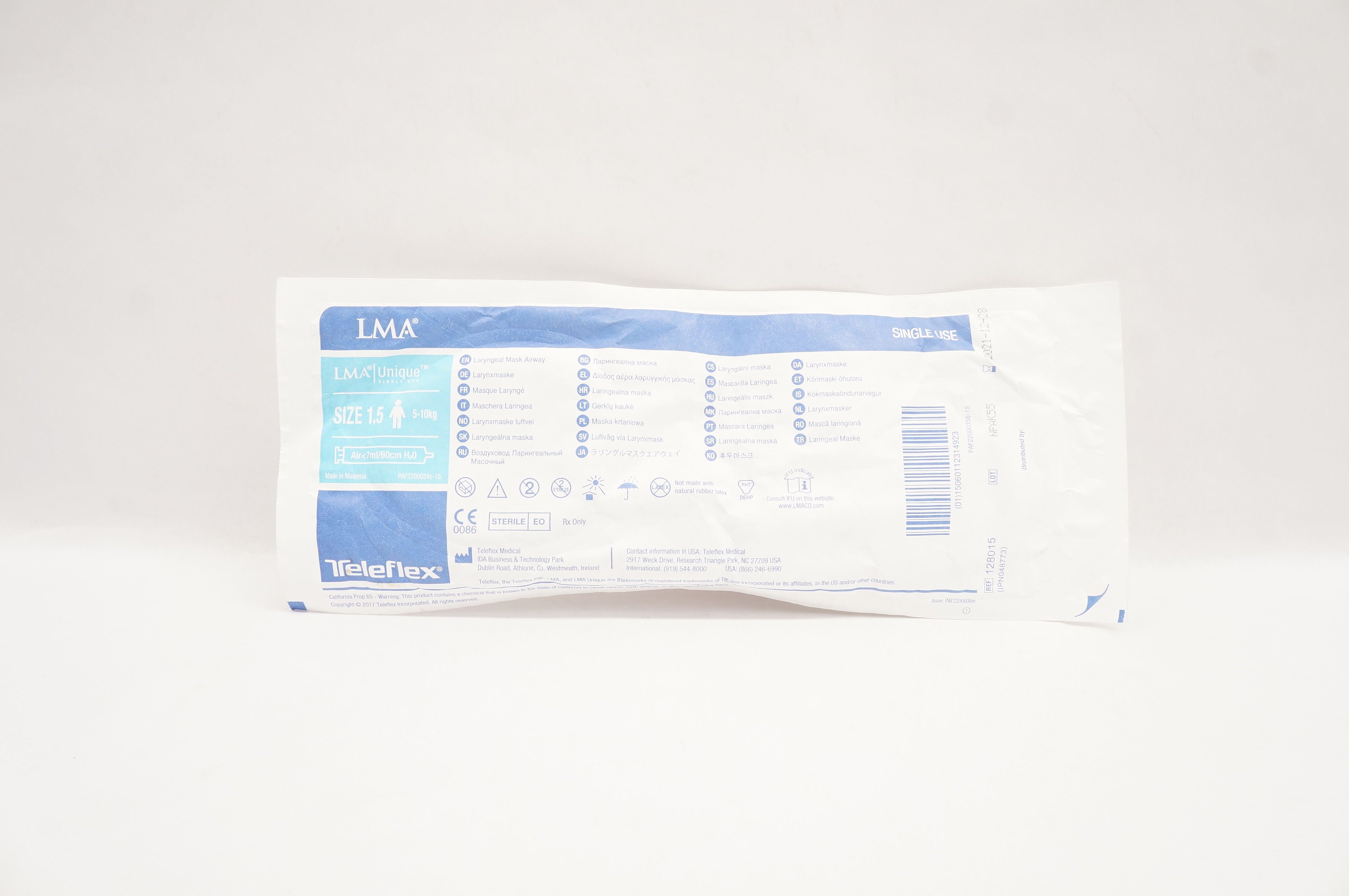 Teleflex 128015 LMA Laryngeal Mask Size 1.5 5-10kg Syringe/Lubricant (x)