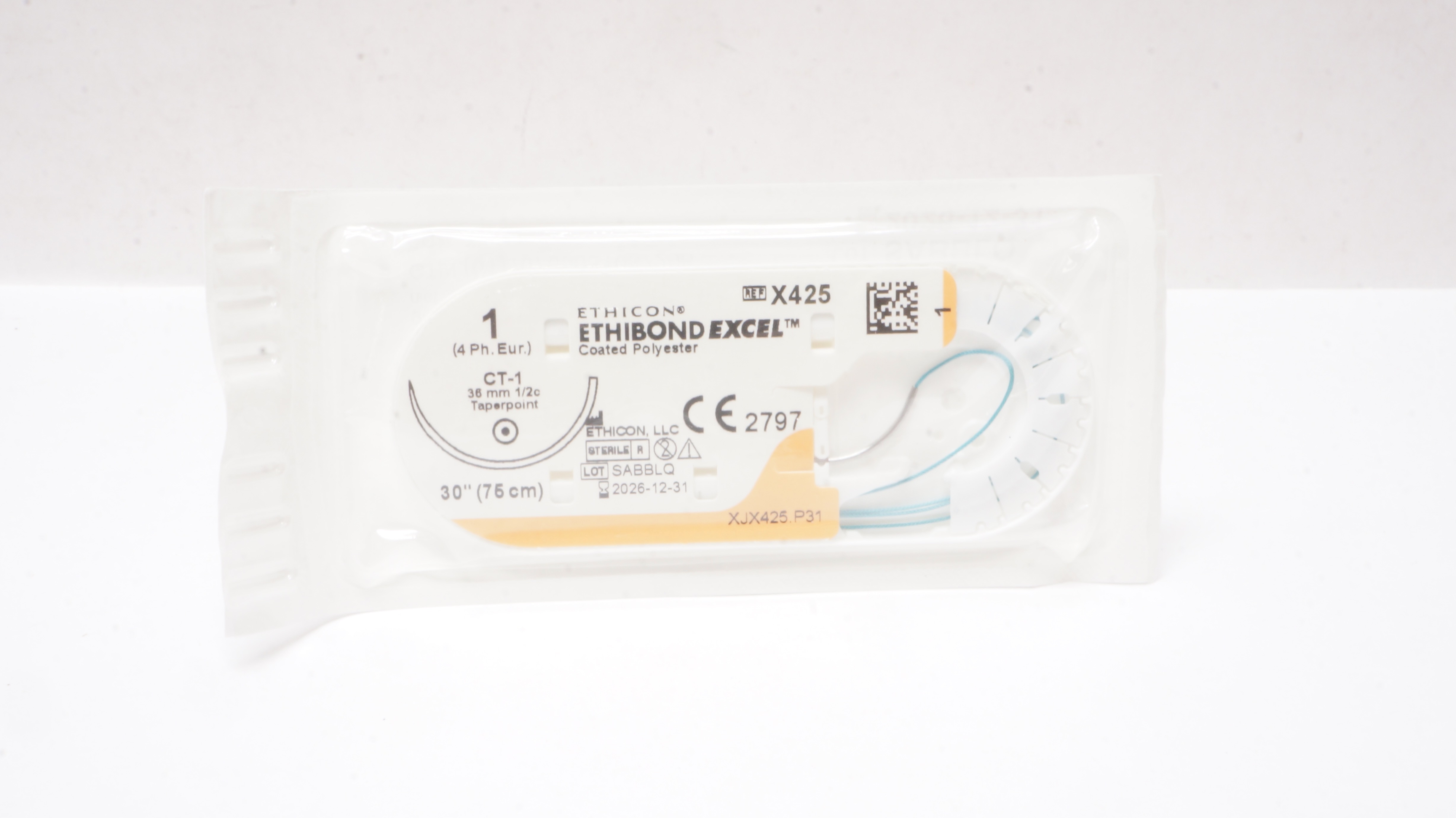 Ethicon X425 1 ETHIBOND EXCEL Coated Polyester CT-1 36mm 1/2c Taperpoint, 30inch