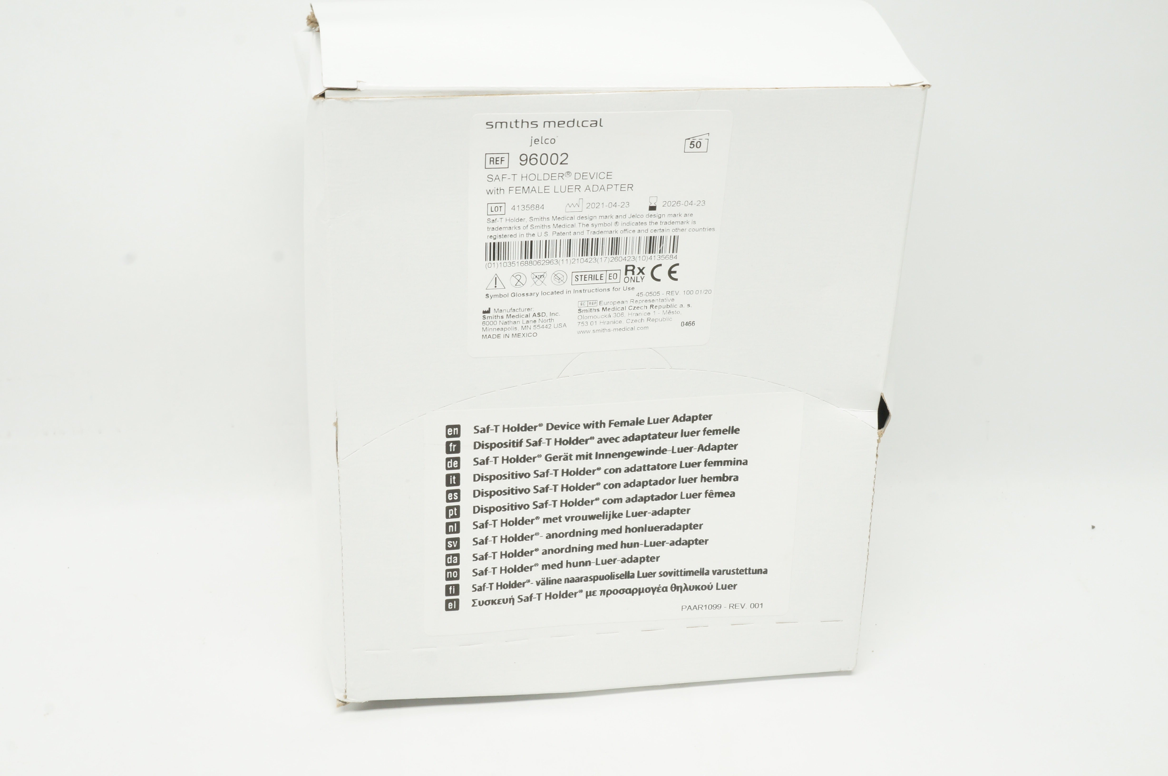 Smiths Medical 96002 Saf-T Holder with Female Luer Adapter - Box of 50