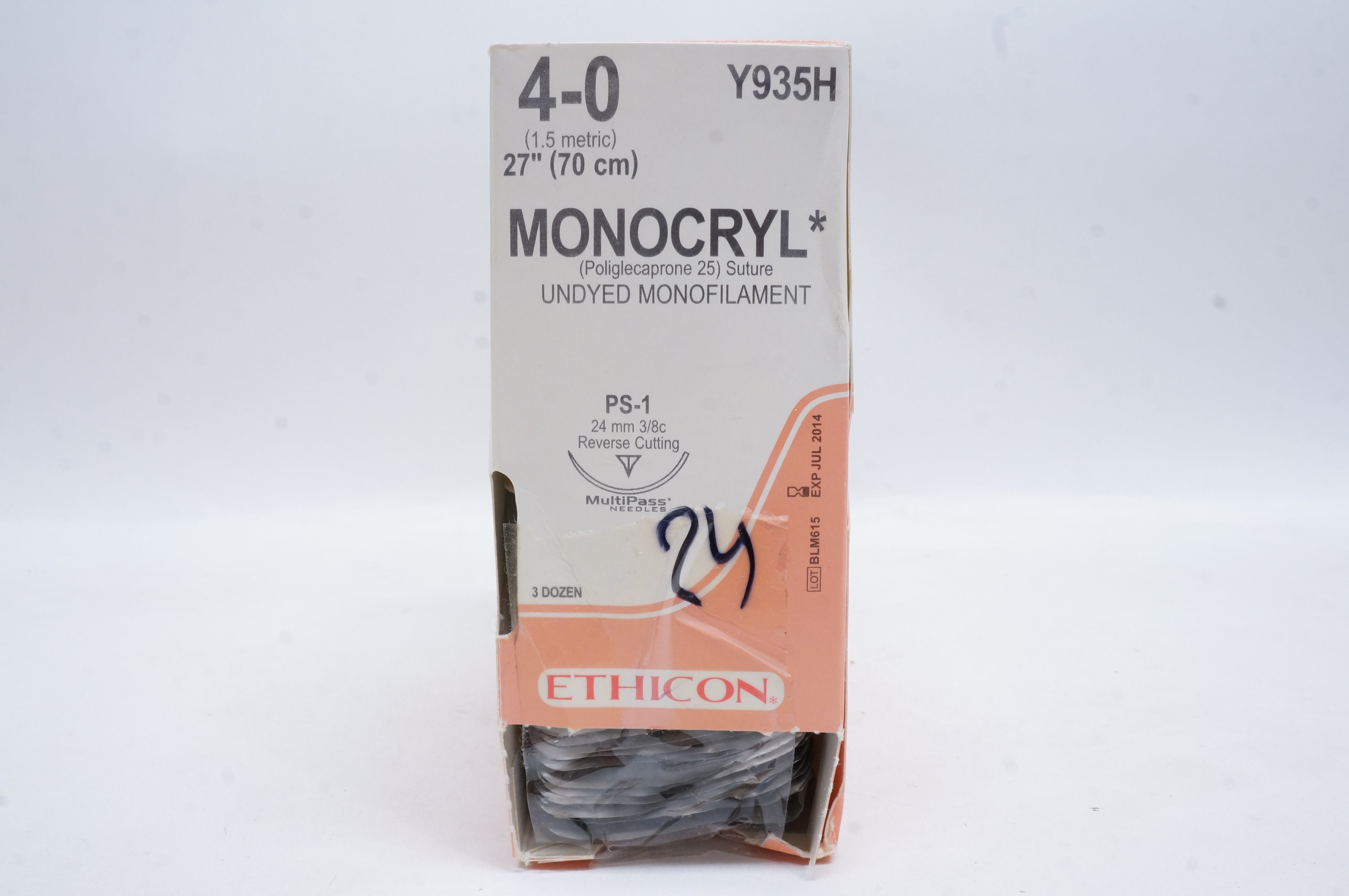 Ethicon Y935H 4-0 MONOCRYL, PS-1, 24mm 3/8c Reverse Cutting, 27inch(x)-Box of 24