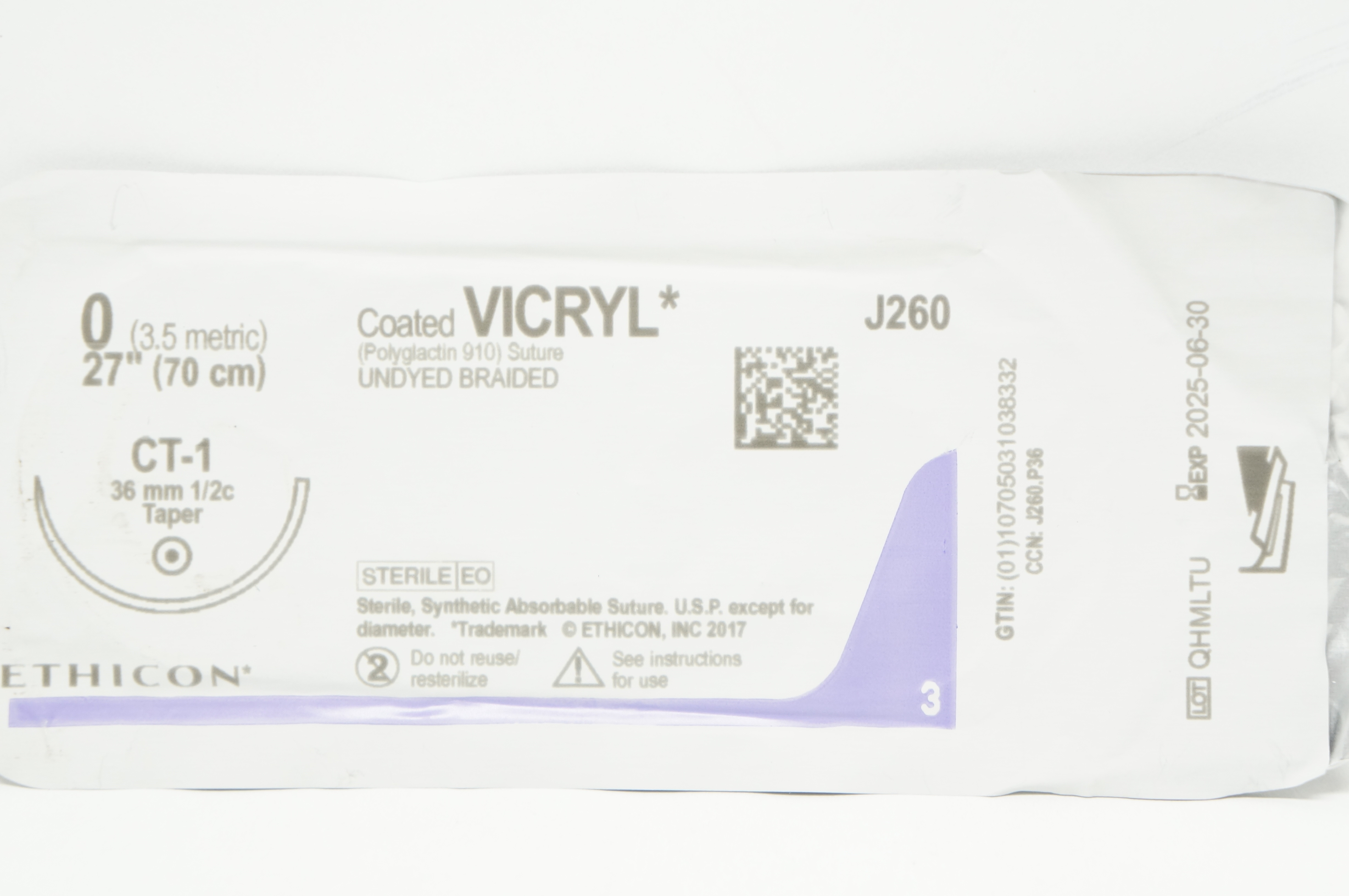 Ethicon J260 0 Coated VICRYL CT-1, 36mm 1/2c Taper, 27inch