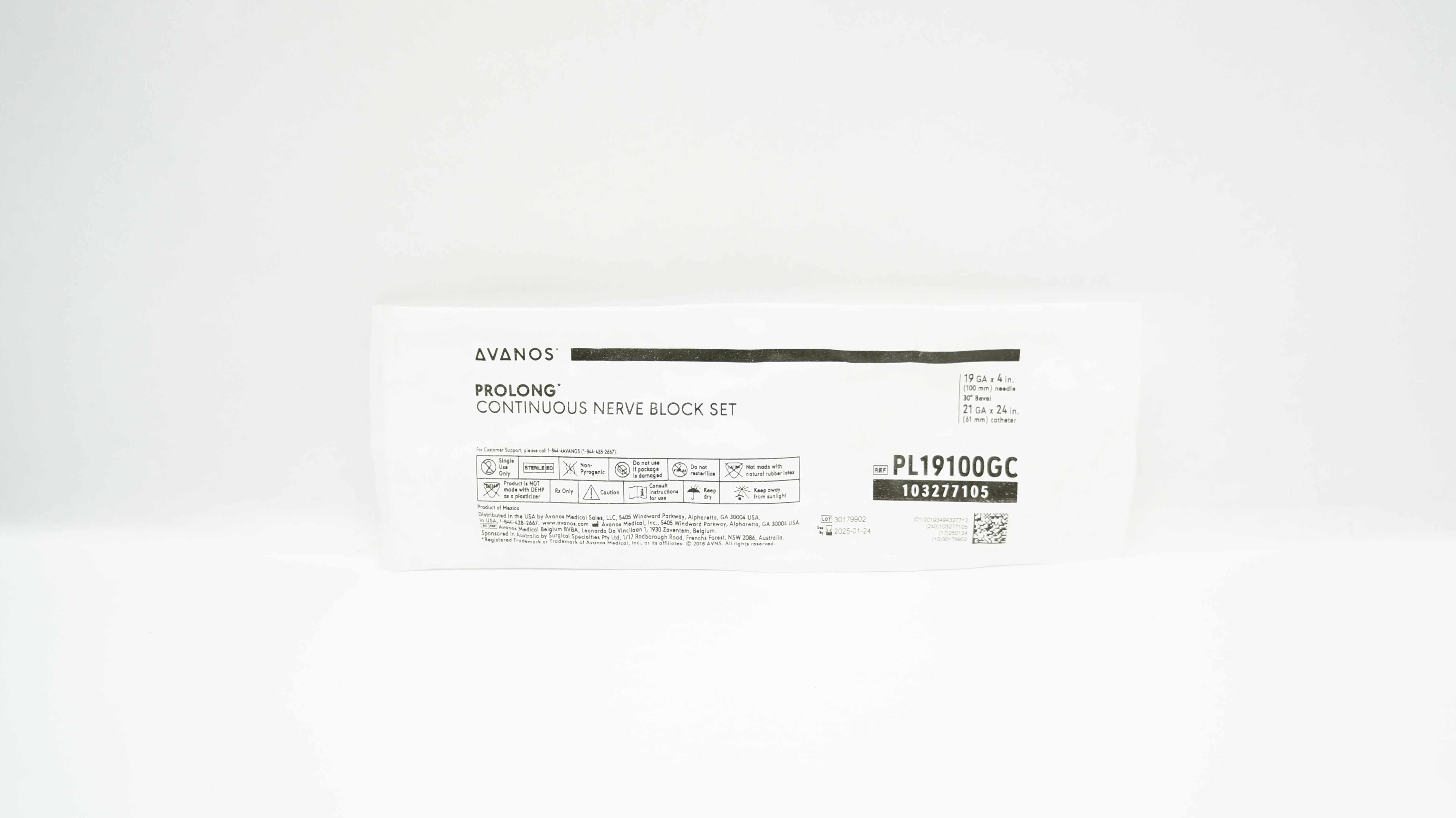 Avanos PL19100GC Prolong Continuous Nerve Block Set 19Ga x 4inch, 21ga x 24inch