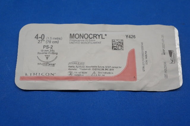 Ethicon Y426 4-0 MONOCRYL, PS-2 19mm 3/8c Reverse Cutting, 27