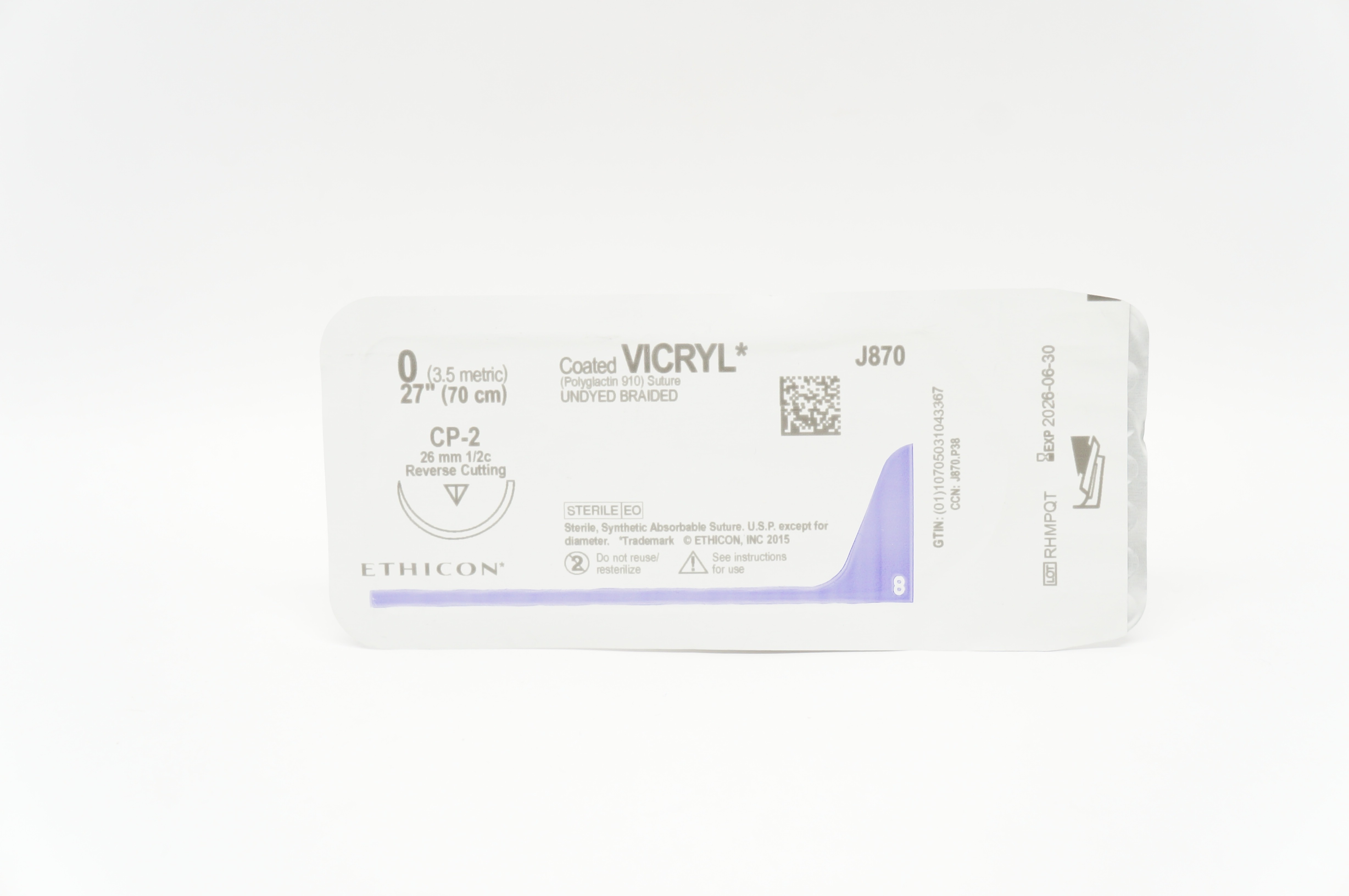Ethicon J870 0 Coated VICRYL Braided Stre CP-2 26mm 1/2c Reverse Cutting, 27inch