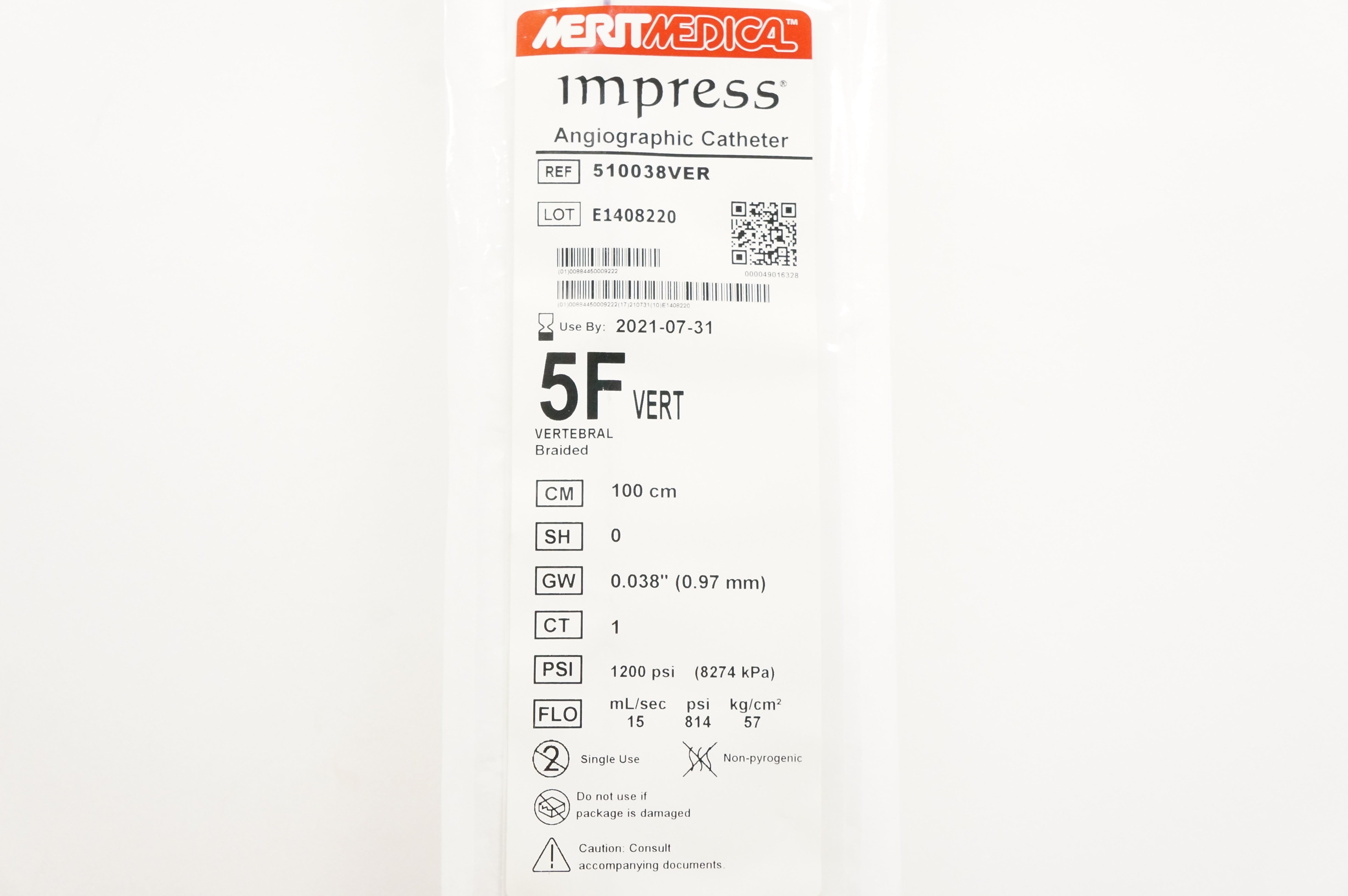 Merit Medical 510038VER Impress Angiographic Cath. 5F Vert 100cm x 0.038inch (x)