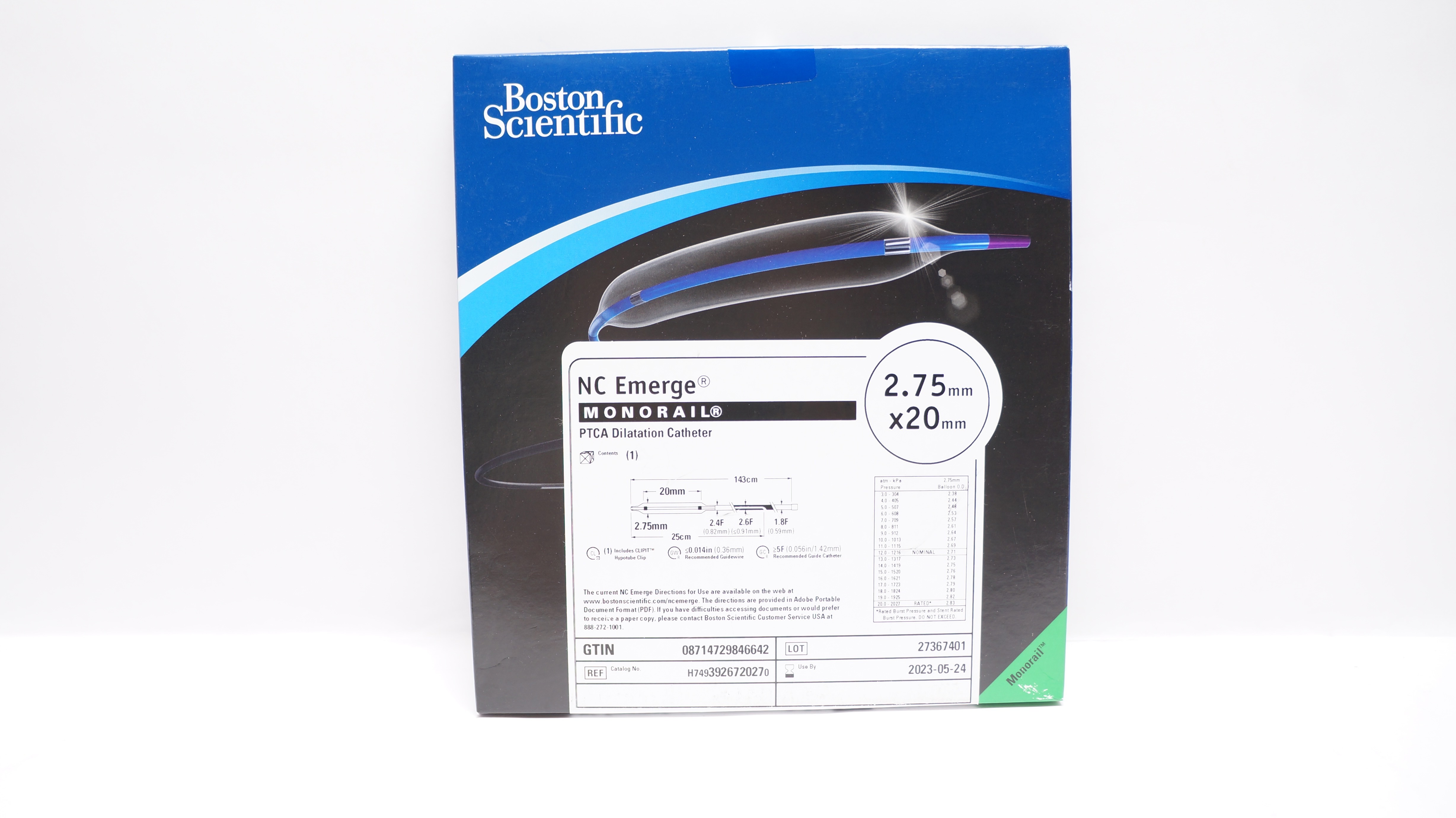 Boston Scientific H7493926720270 Monorail PTCA Dilatation Cath. 2.75 x 20mm (x)
