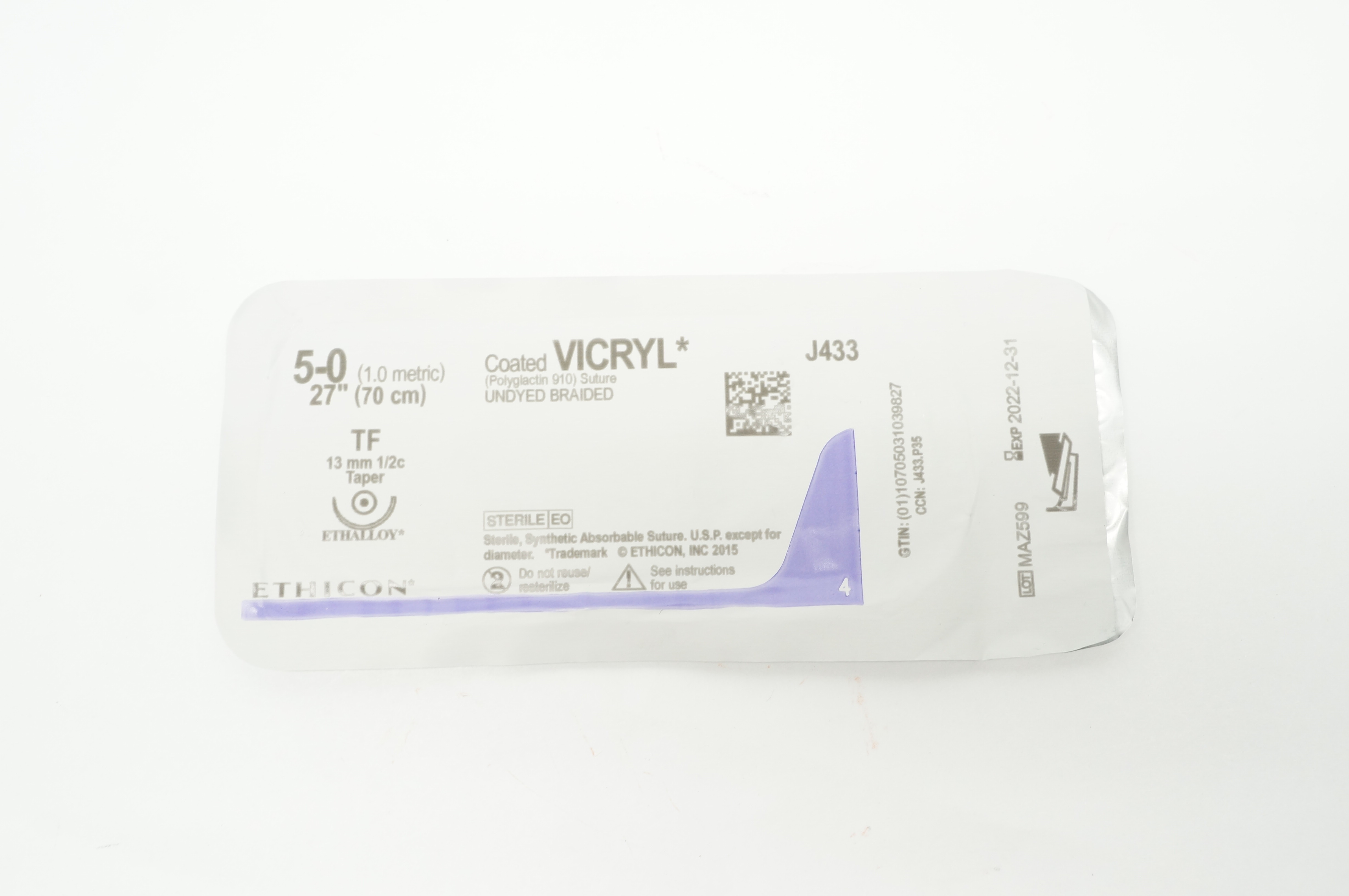 Ethicon J433 5-0 Coated VICRYL TF 13mm 1/2c Taper 27inch (x)
