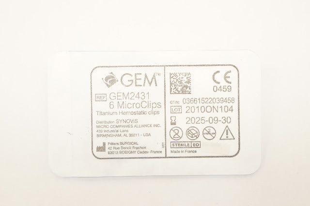 Synovis GEM2431 MicroClips Titanium Hemostatic Clips 6 Micro Clips