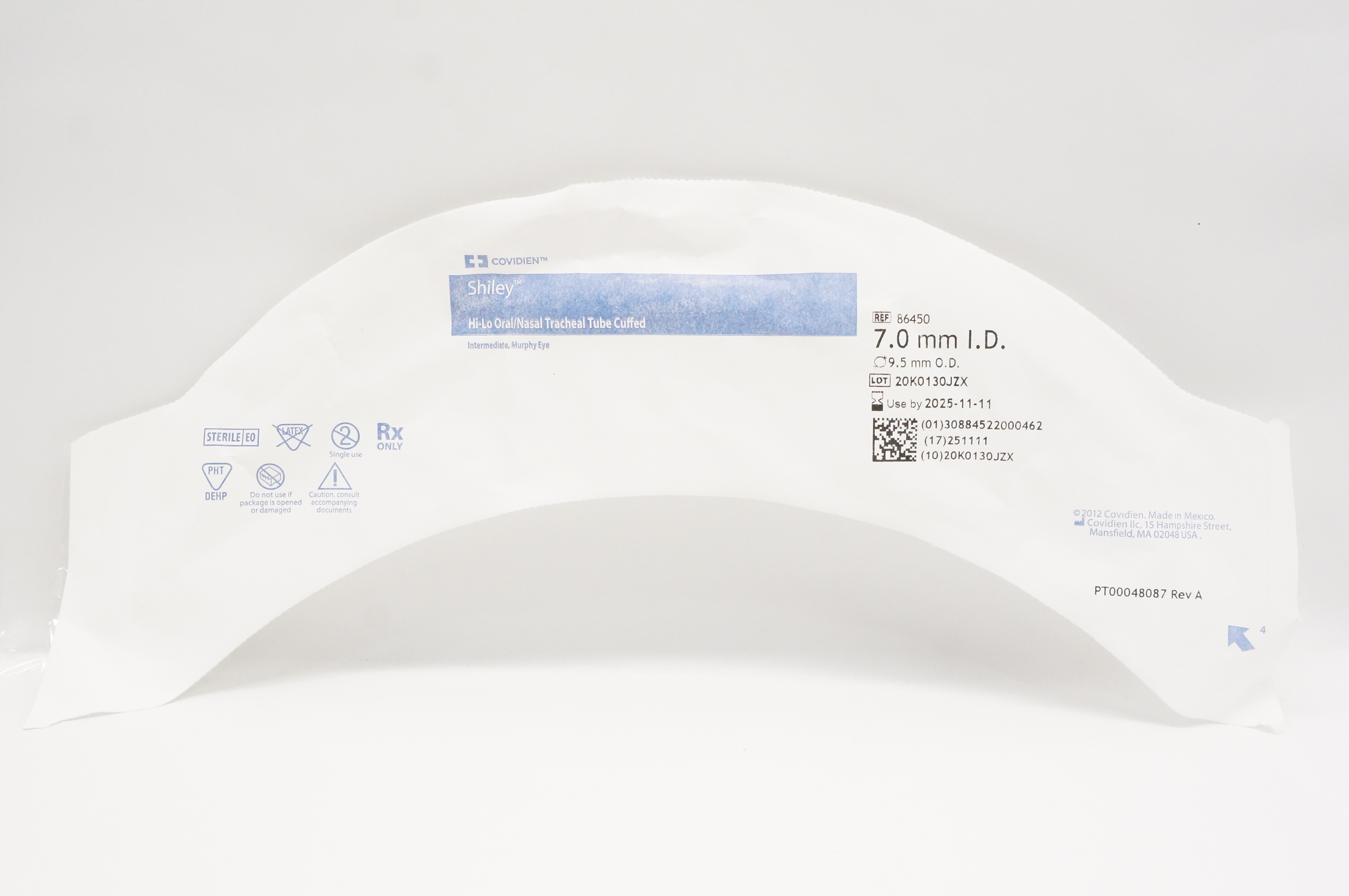 Covidien 86450 Shiley Hi-Lo Oral/Nasal Tracheal Tube Cuffed 7ID x 9.5mm OD