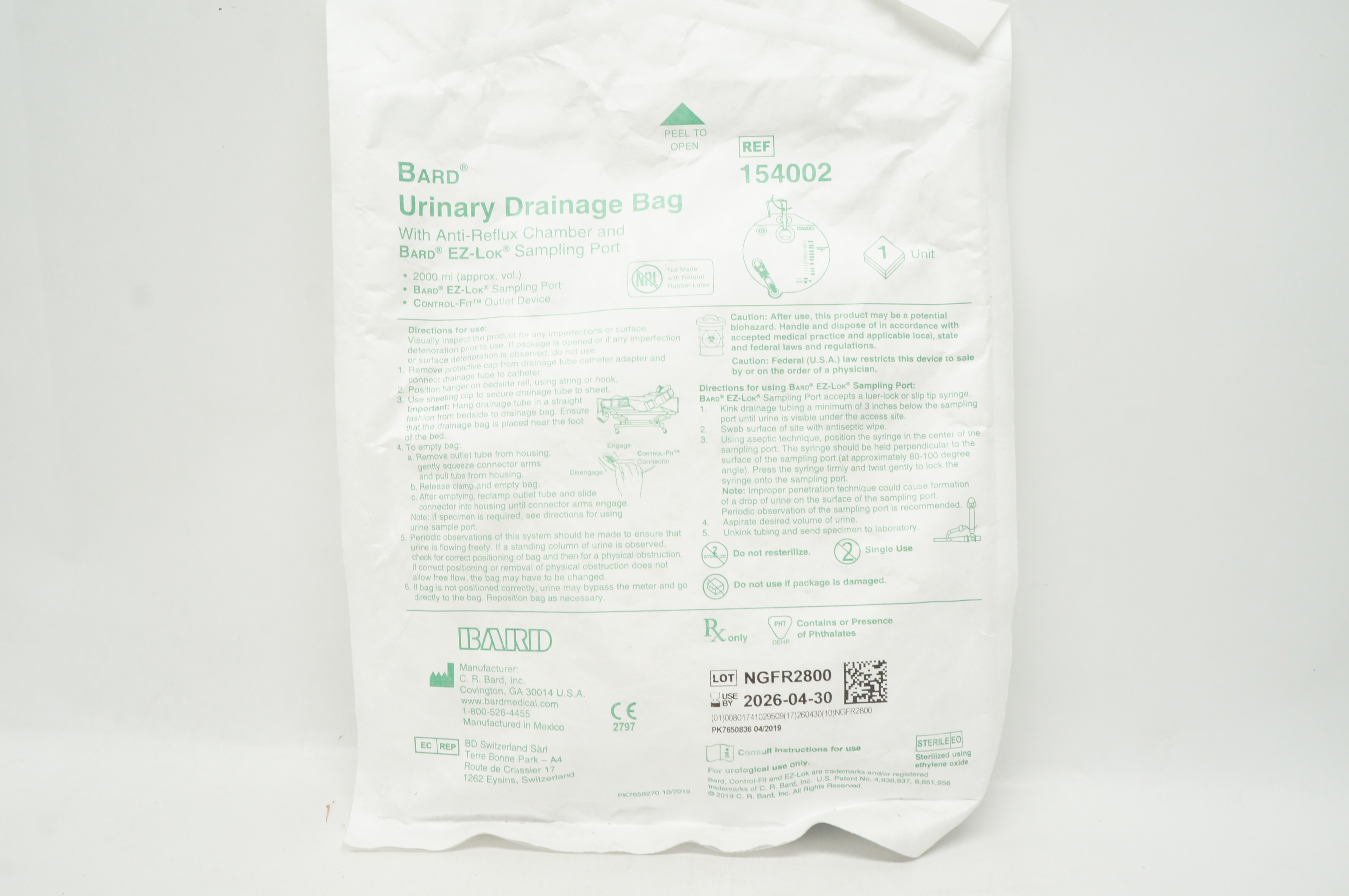 Bard 154002 Urinary Drainage Bag with Anti-Reflux Chamber & Sampling Port 2000ml