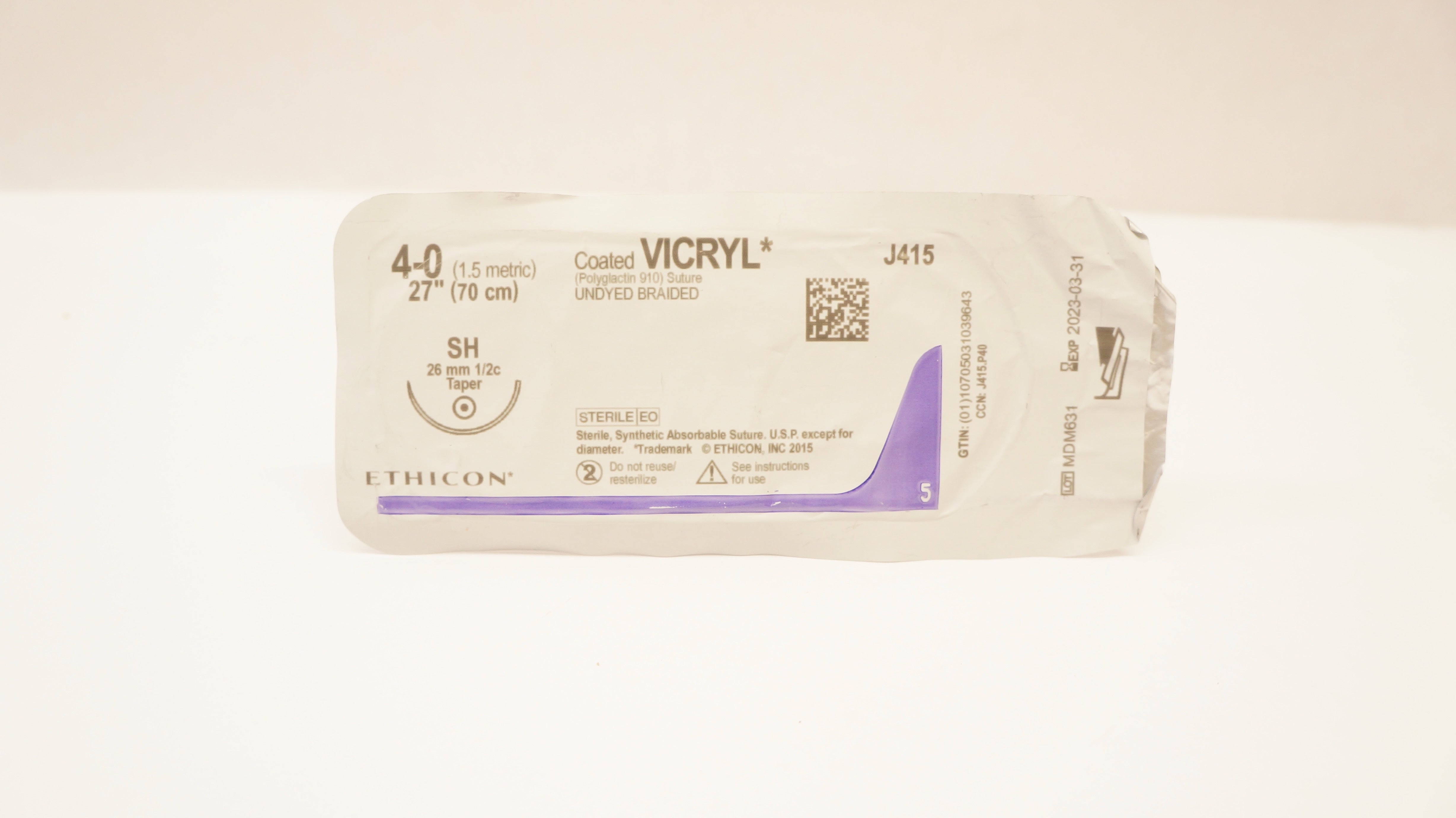 Ethicon J415 4-0 Coated VICRYL Undyed Braided, SH, 26mm 1/2c Taper, 27inch