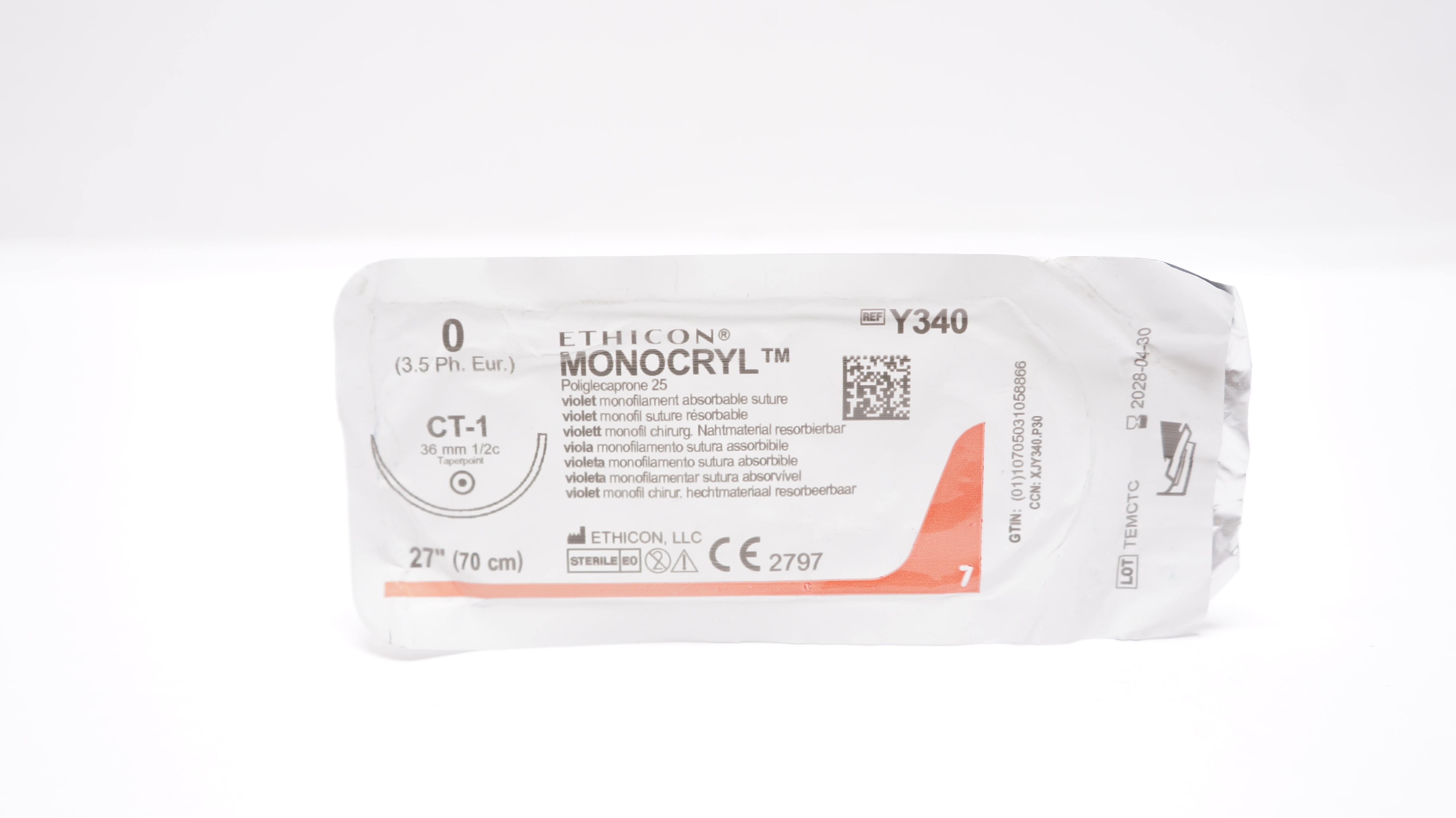 Ethicon Y340 0 MONOCRYL Violet Monofilament, CT-1 36mm 1/2c Taper, 27inch