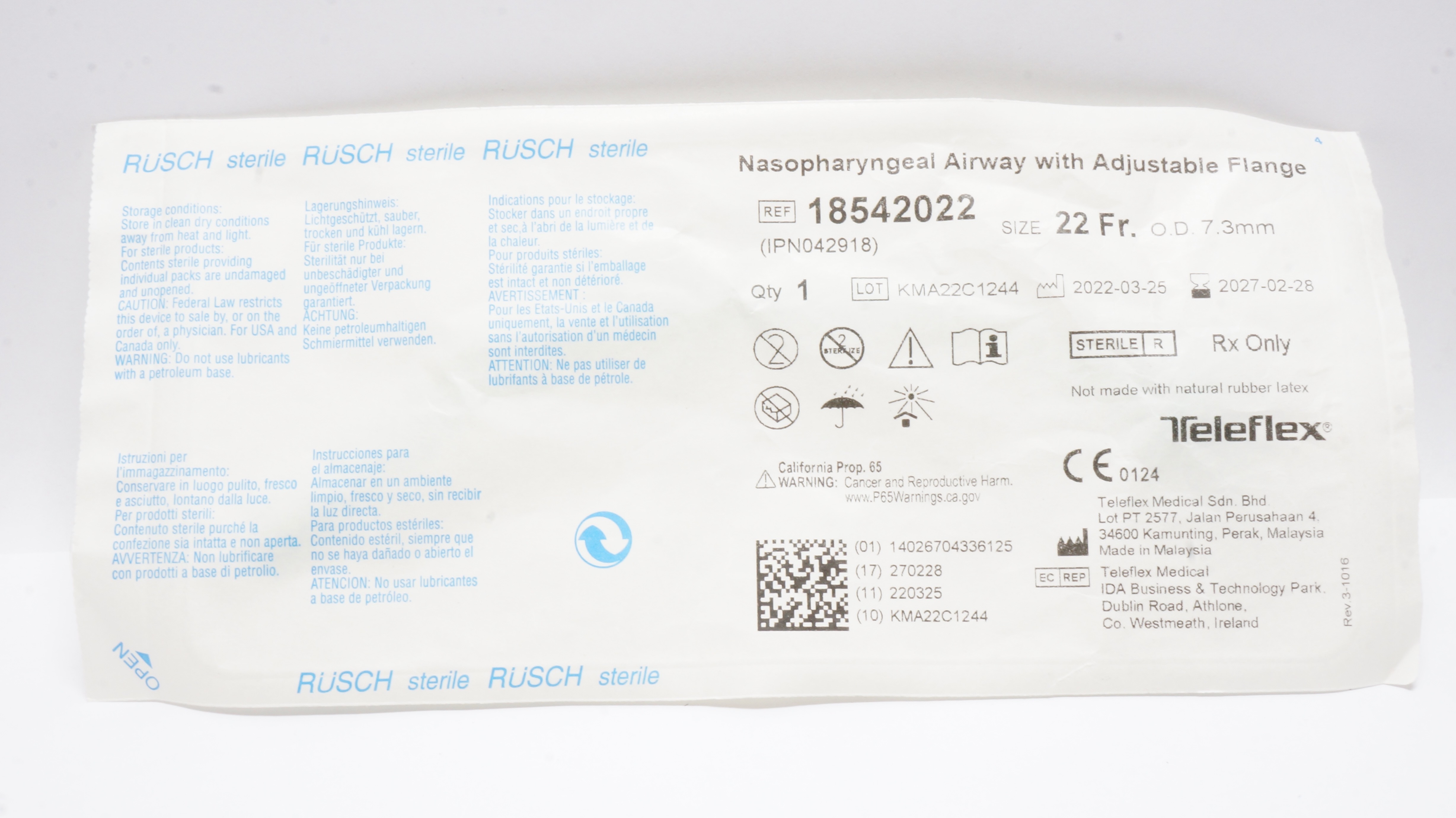 Teleflex 18542022 Rusch Nasopharyngeal Airway w/Adjustable Flange 22Fr x 7.3mmOD
