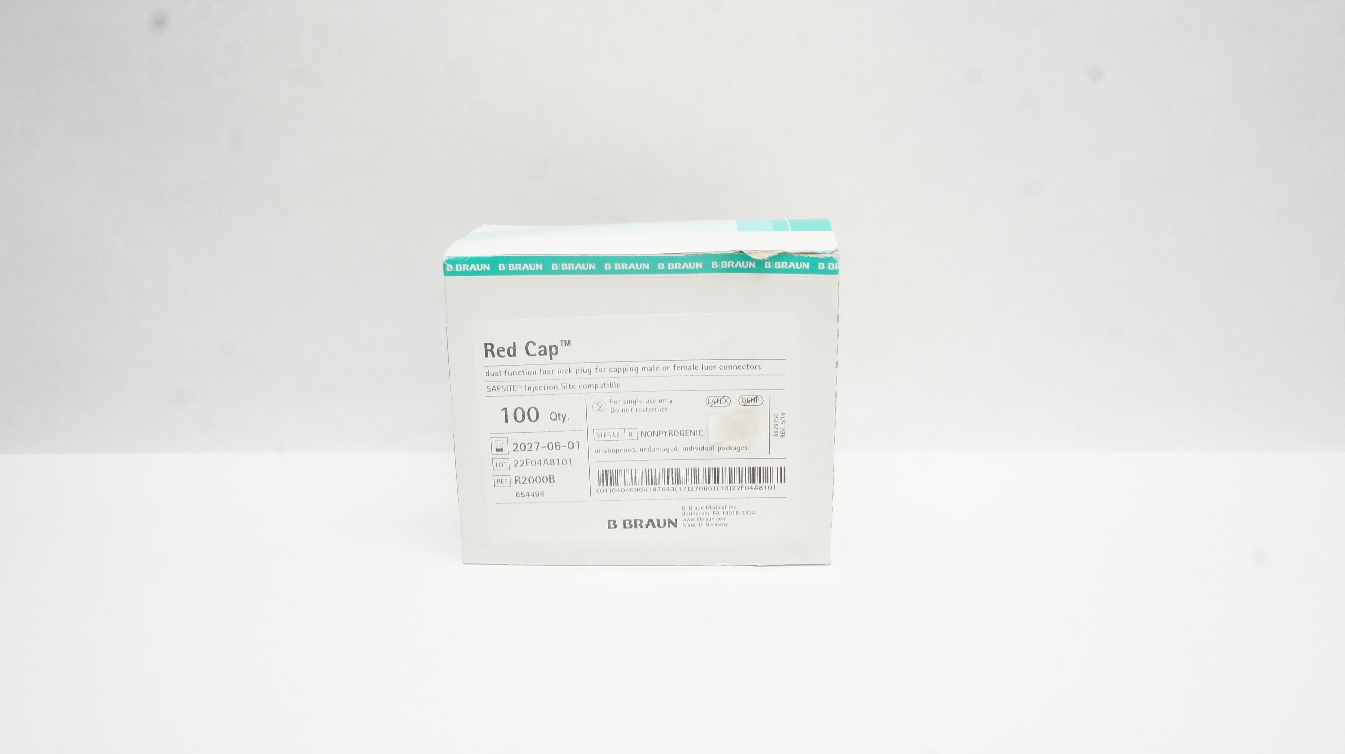 Braun R2000B Red Cap Dual Function Luer Lock Plug - Box of 100