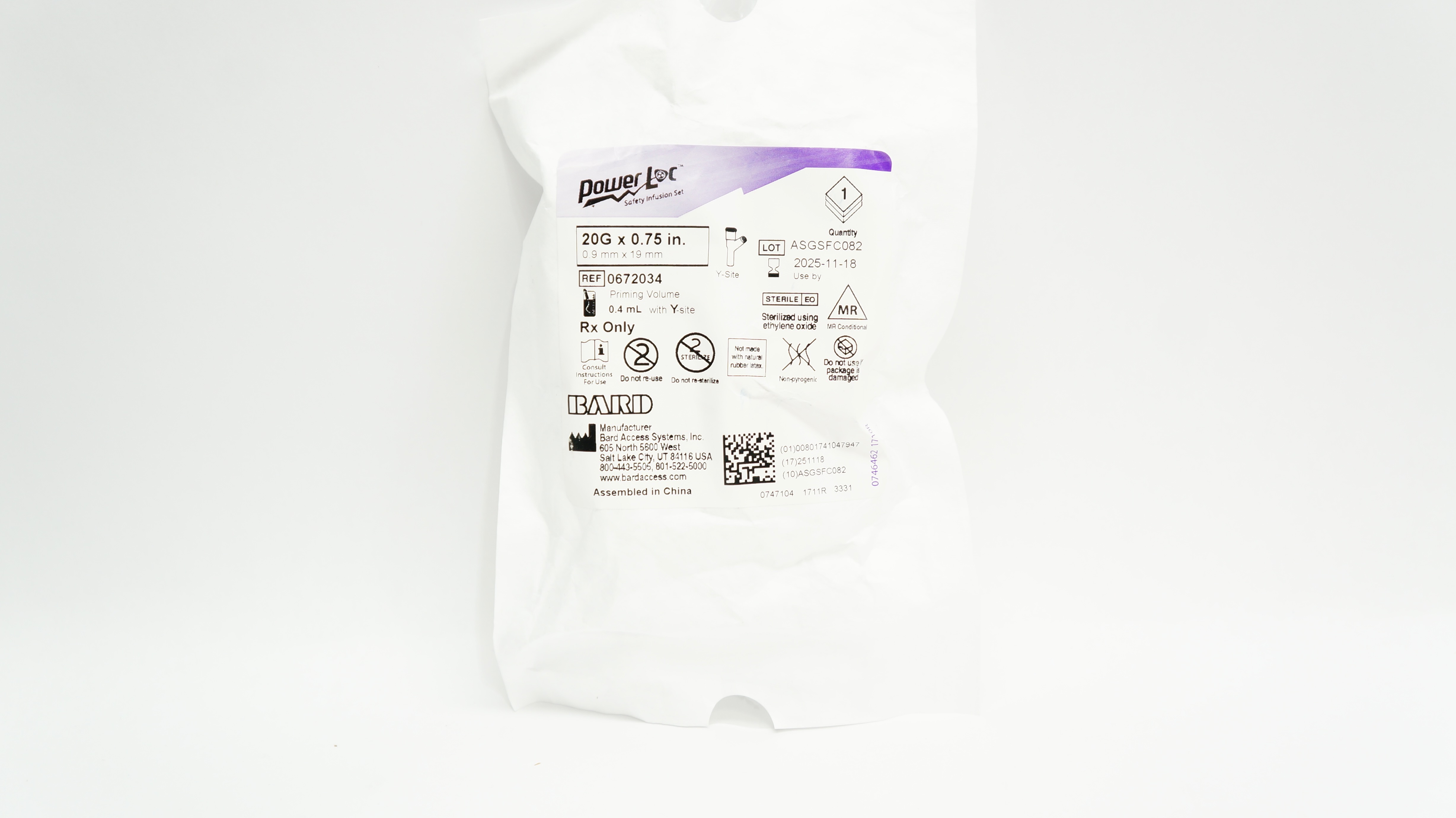 Bard 0672034 Power Loc Safety Infusion Set 20G x 0.75inch Prim. Vol. 0.4 mL