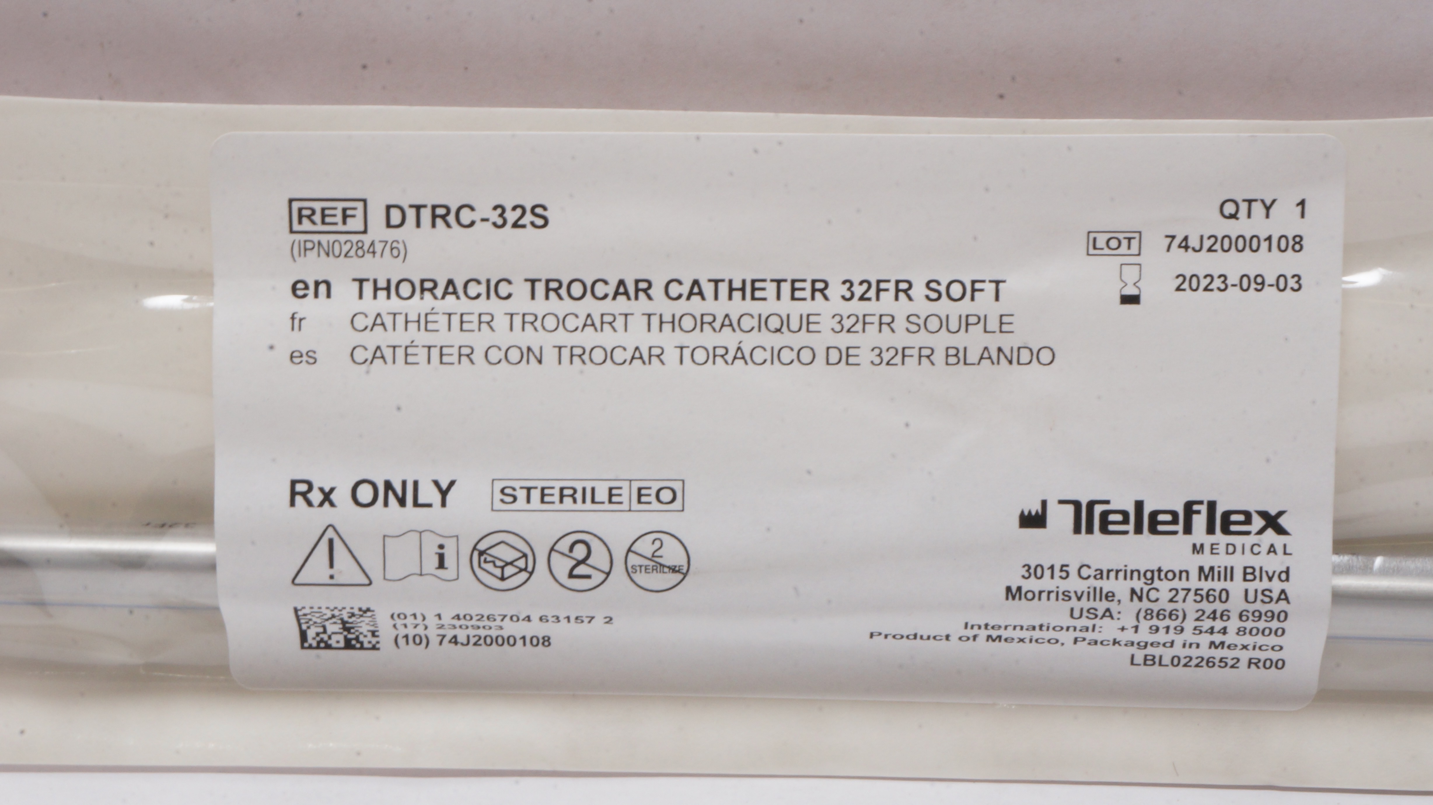 Teleflex DTRC-32S Thoracic Trocar Cath. 32 FR. Soft (x)