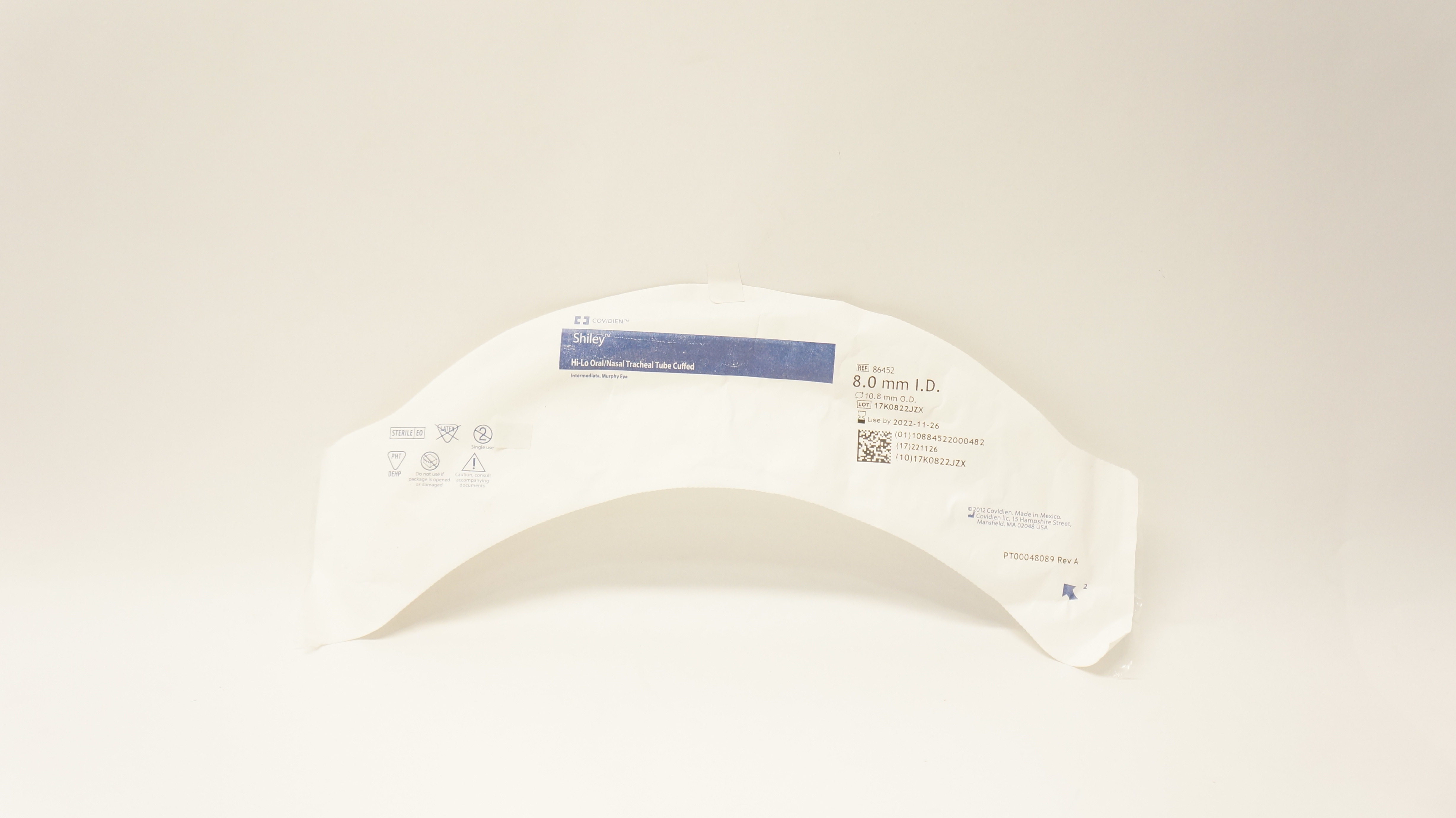 Covidien 86452 Shiley Hi-Lo Oral/Nasal Tracheal Tube Cuffed 8.0 x 10.8mm