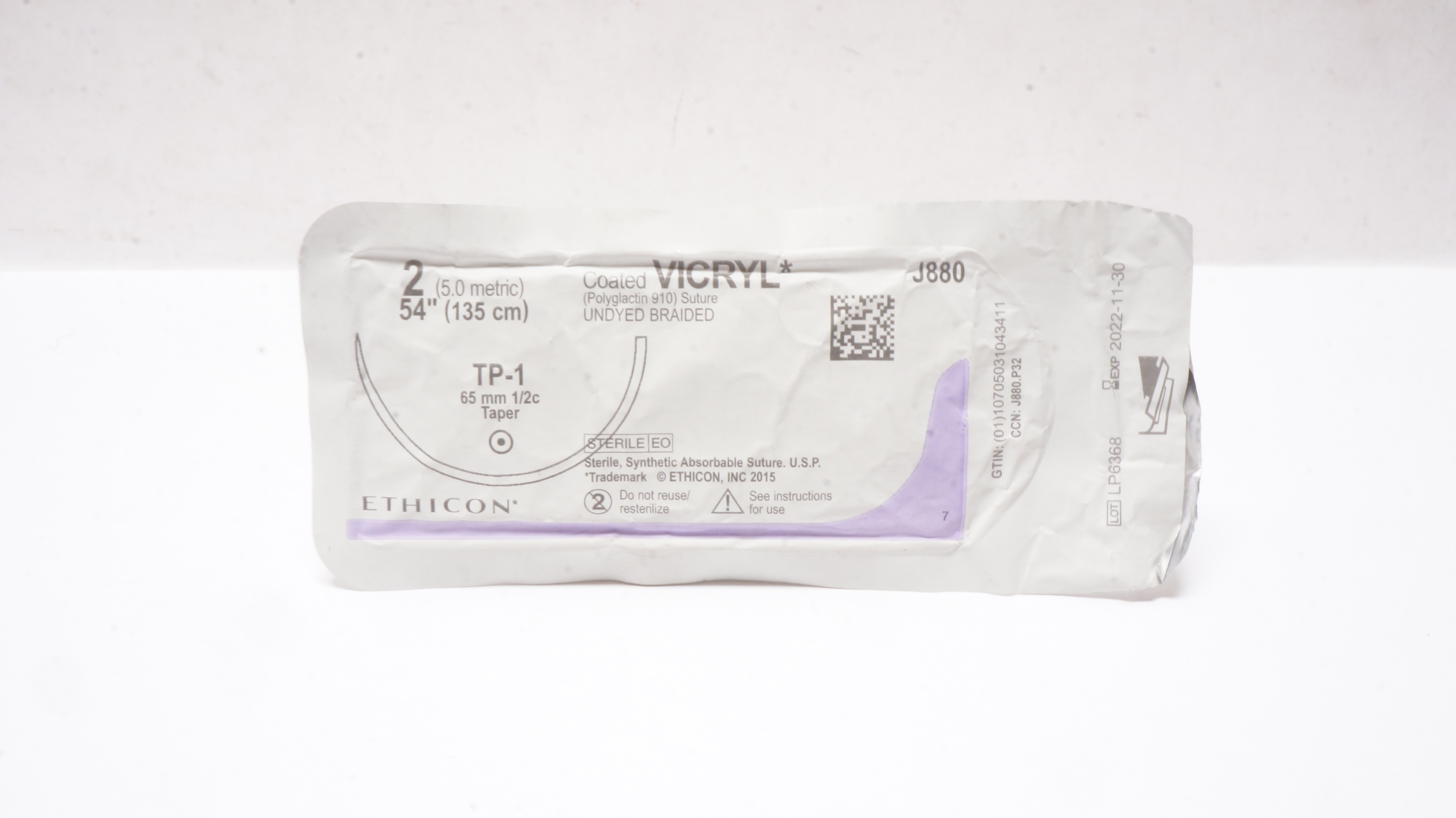 Ethicon J880 2 Coated Vicryl Stre Undyed Braided TP-1 65mm 1/2c Taper 54 inch(x)