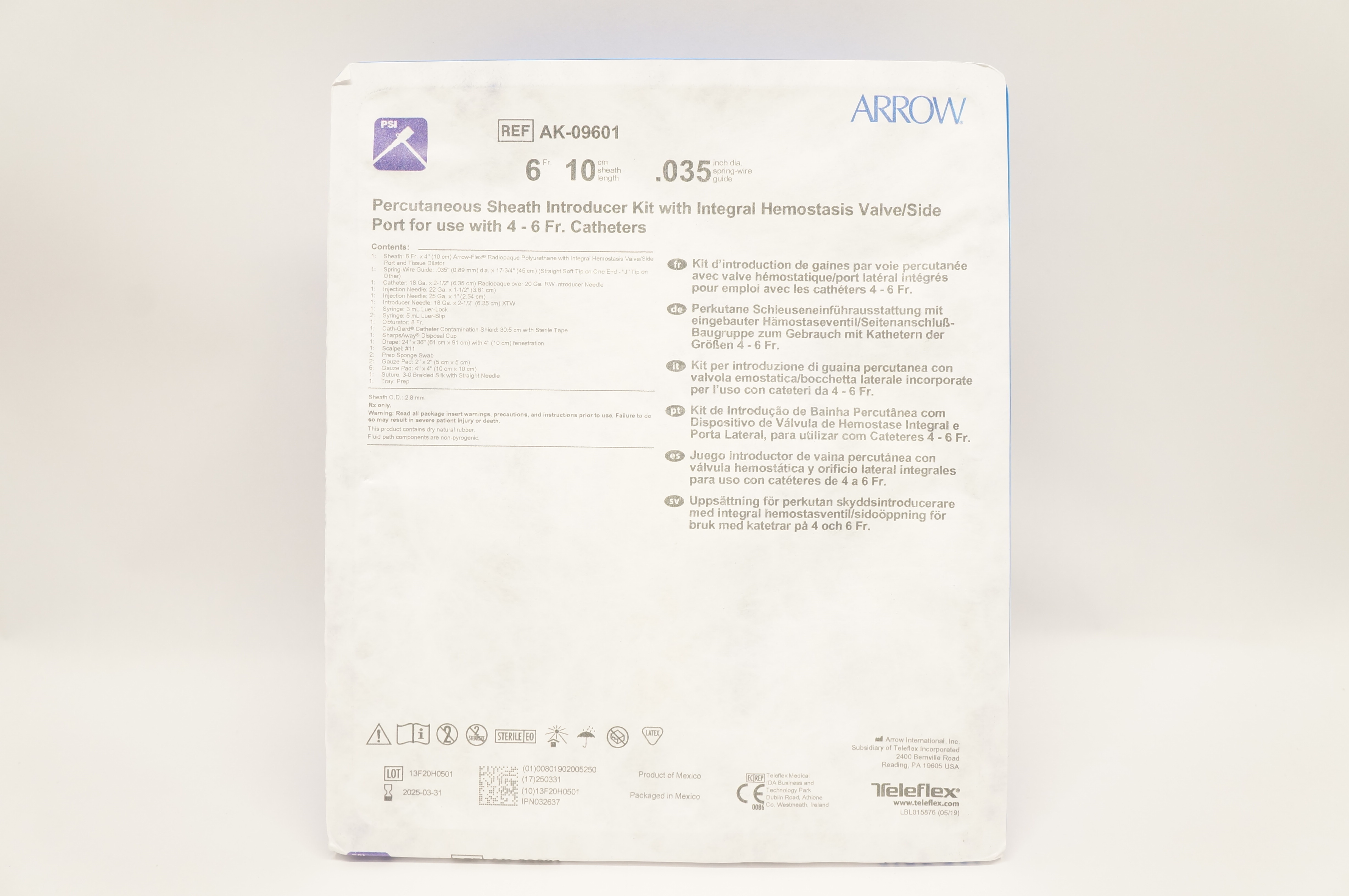 Arrow AK-09601 Percutaneous Sheath Introducer Kit 6Fr. x 10cm x 0.035inch