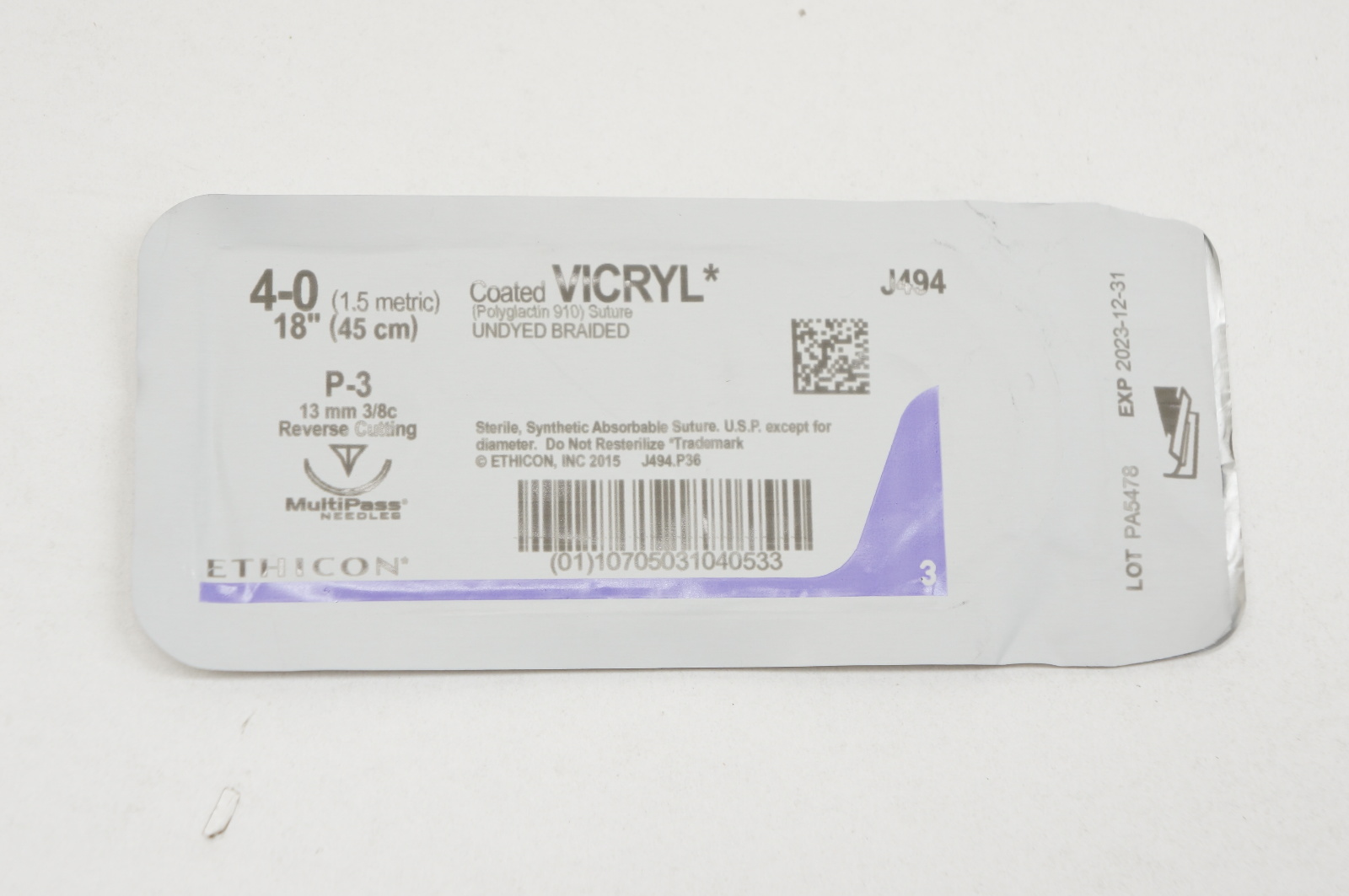 Ethicon J494 4-0 VICRYL, P-3, 13mm 3/8c, 18inch