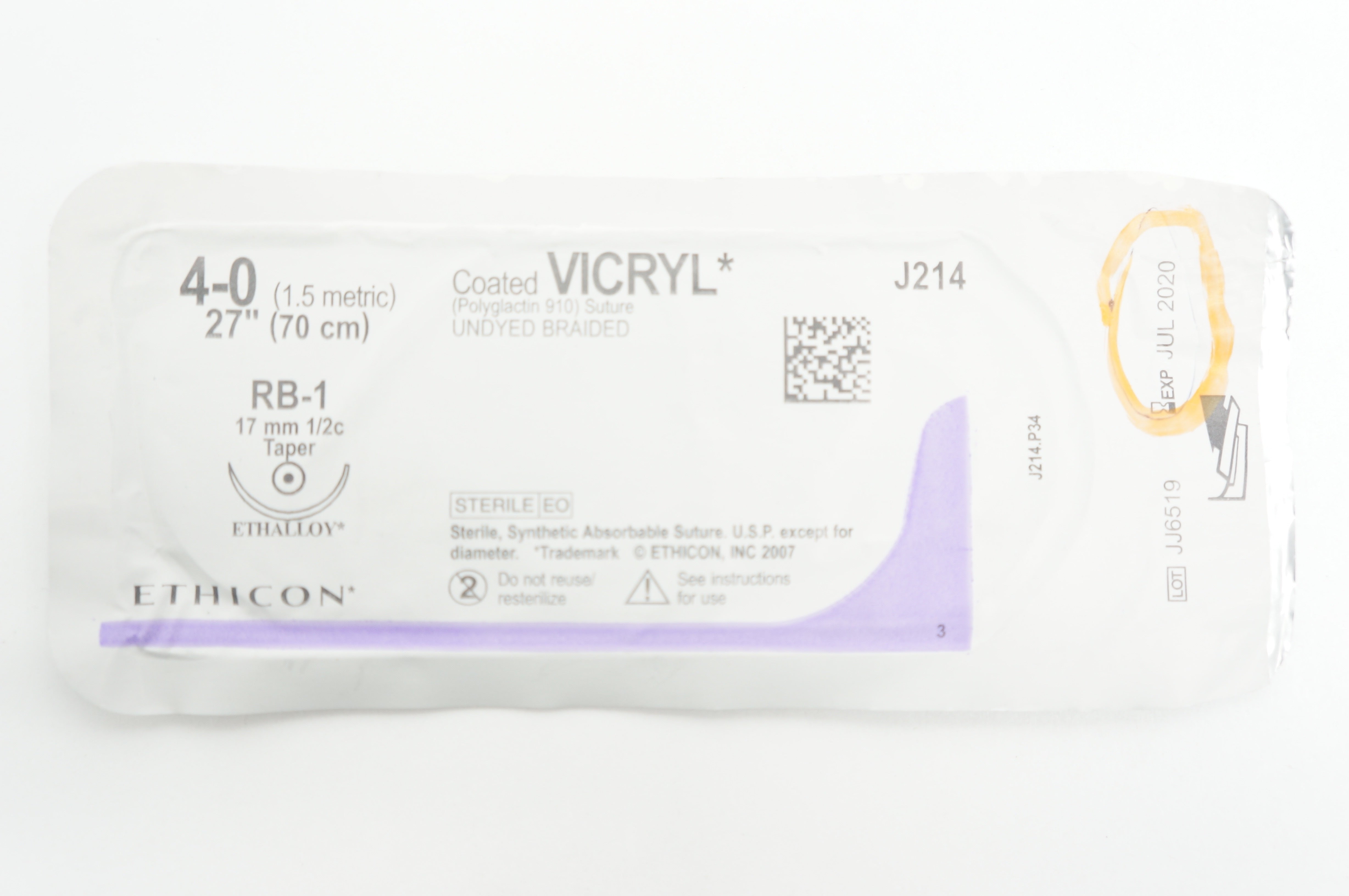 Ethicon J214 4-0 Vicryl  Stre. Undyed Braided, RB-1 17mm Tapper, 27inch (x)