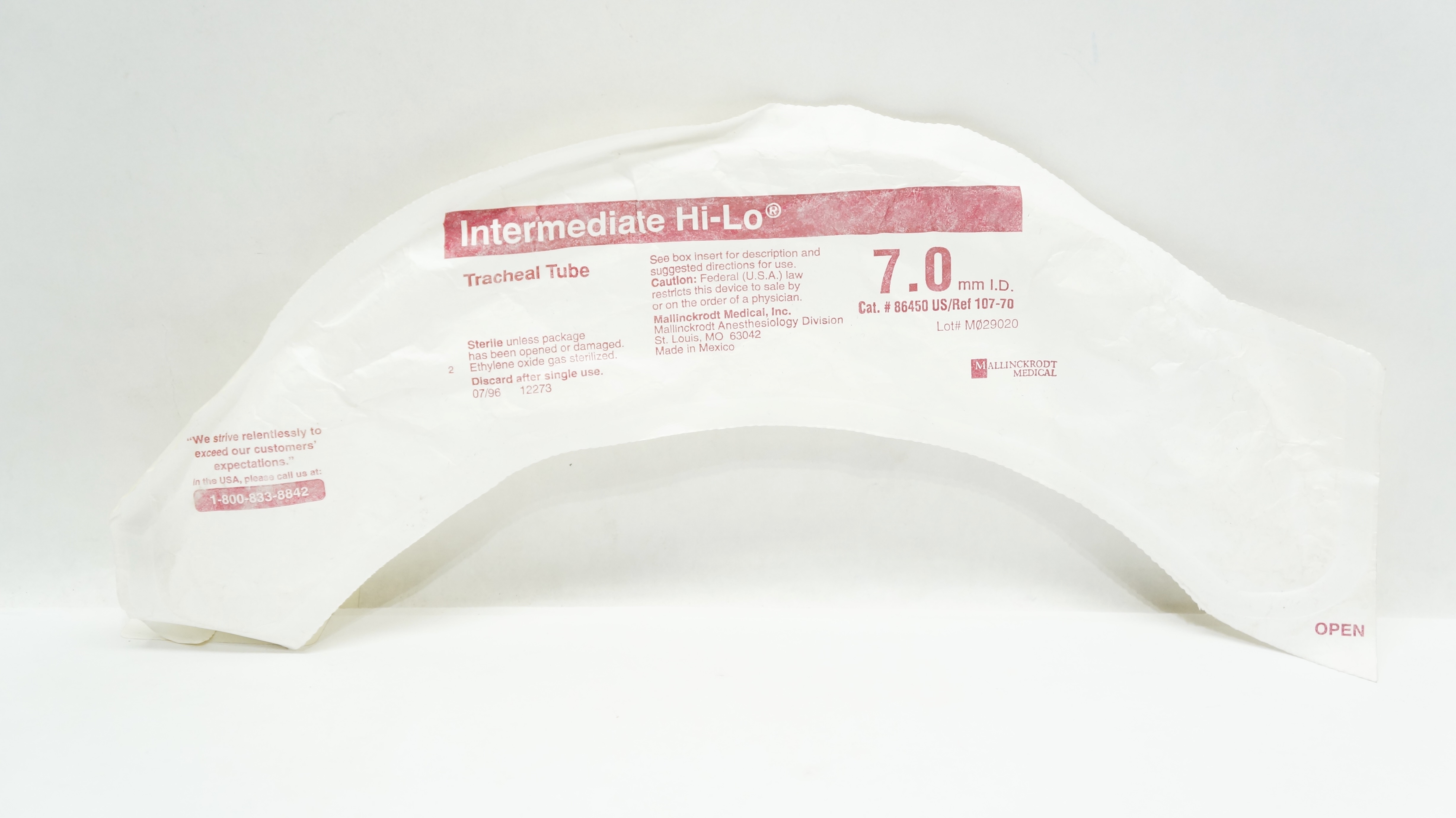 Mallinckrodt 86450 Intermediate Hi-Lo Tracheal Tube Cuffed 7.0 mm I.D.