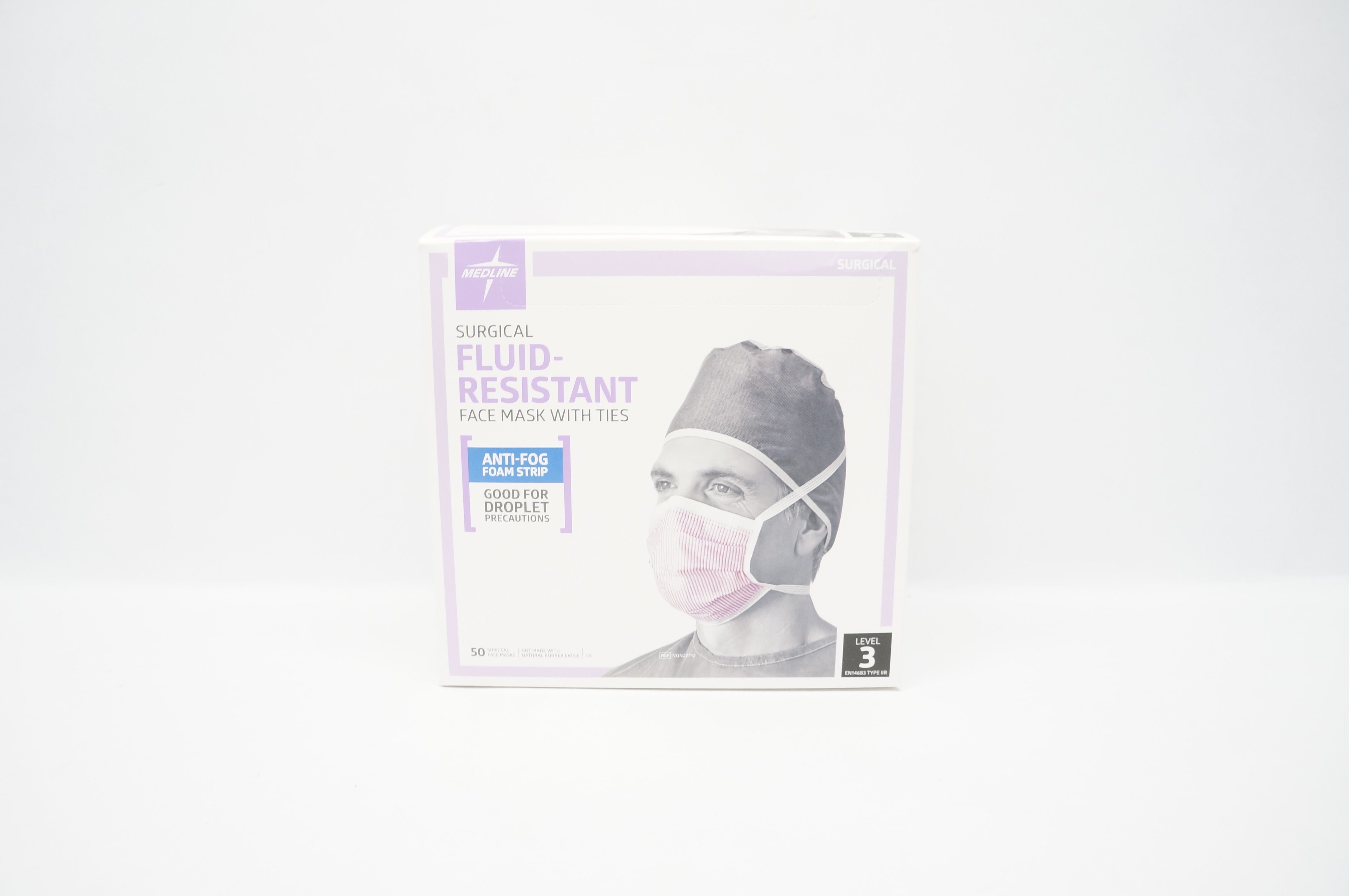 Medline NON27712 Surgical Fluid-Resistant Face Mask W/Ties Level 3 - Box of 50