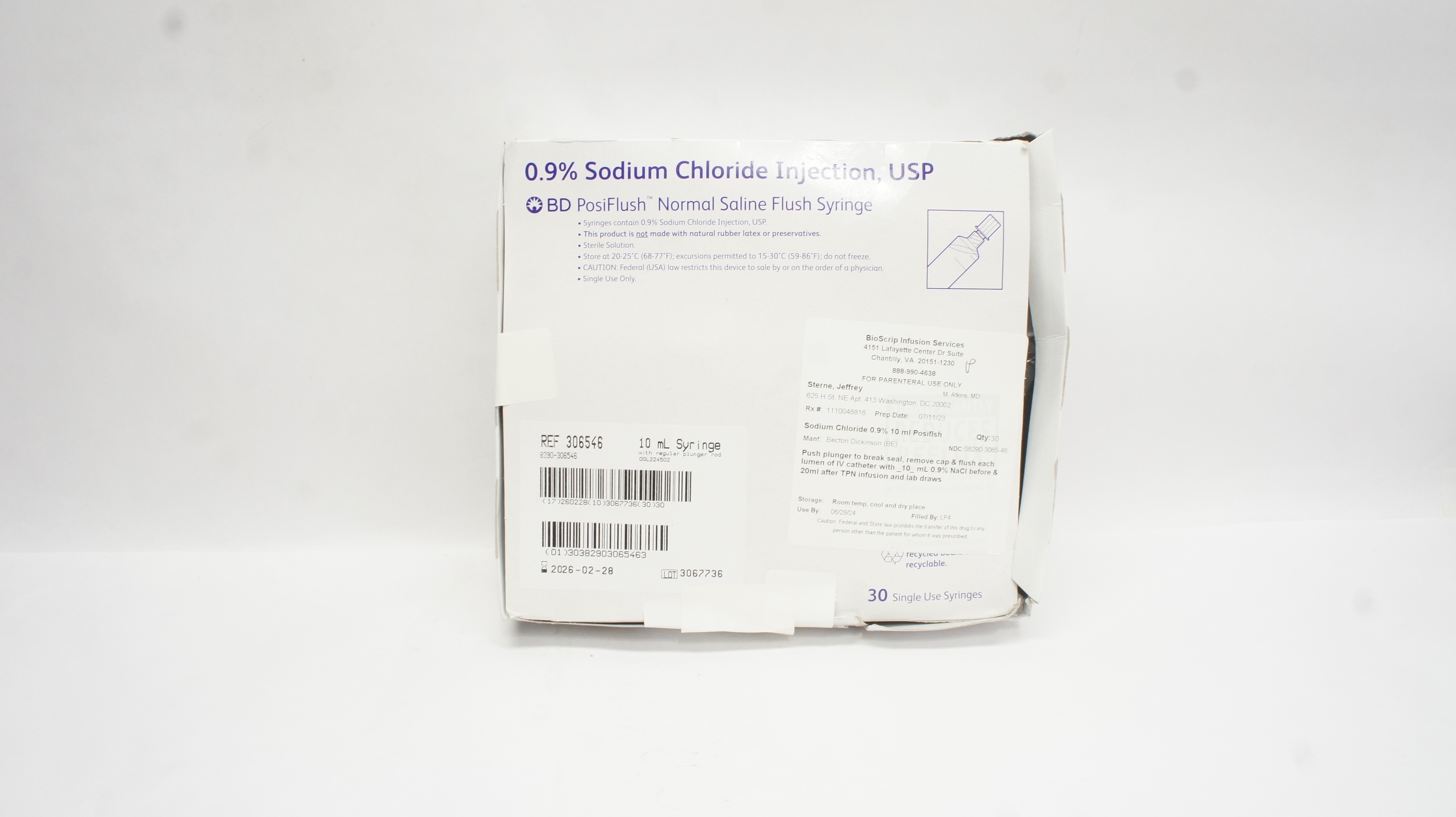 BD 306546 PosiFlush 0.9% Sodium Chloride, SF Syringe 10mL - Box of 30