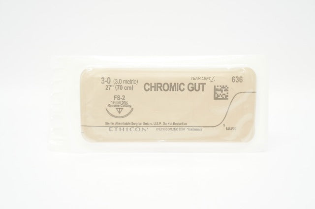 Ethicon 636 3-0 CHROMIC GUT FS-2,  19mm 3/8c Reverse Cutting, 27inch