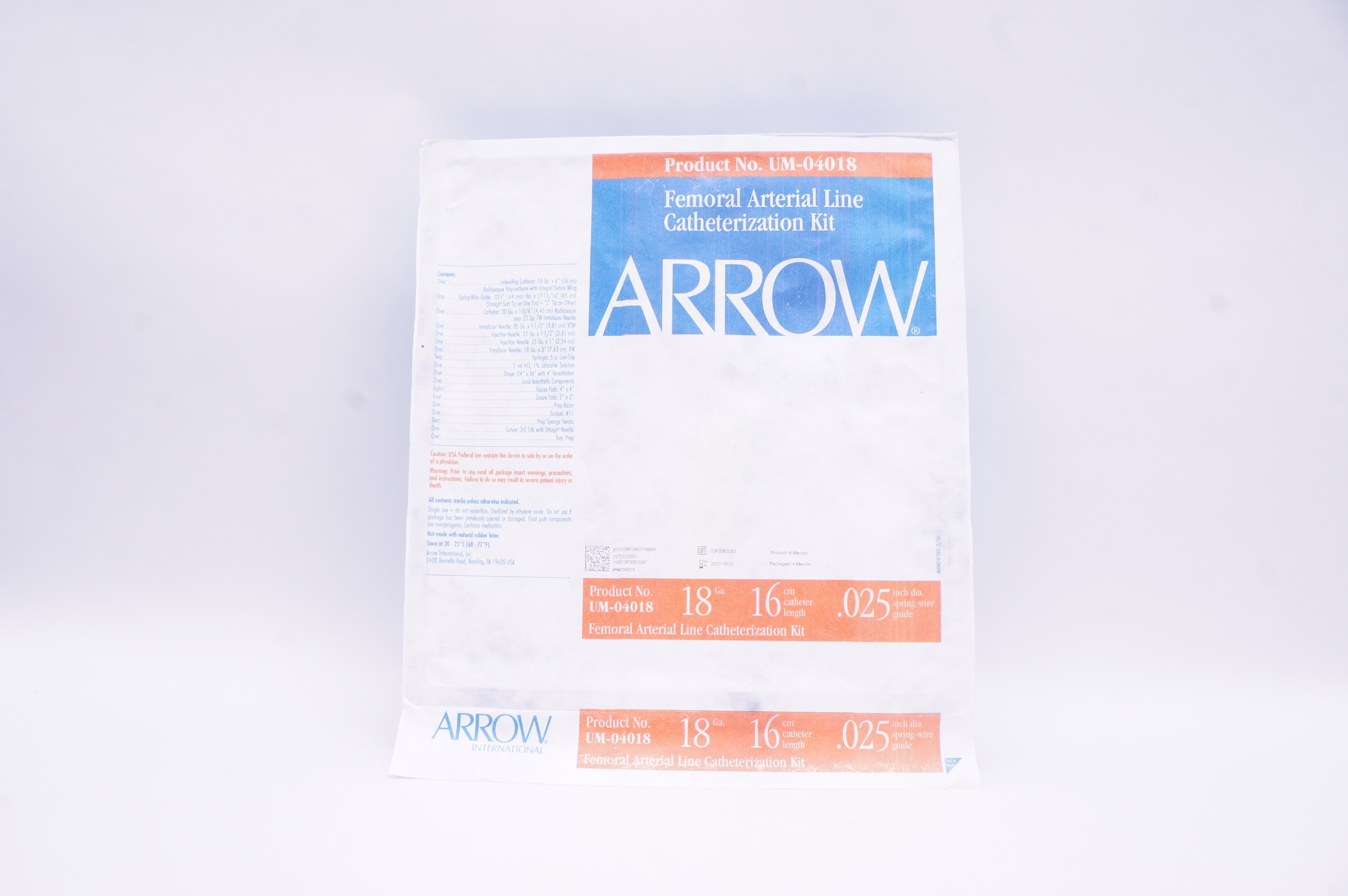 Arrow UM-04018 Femoral Arterial Line Cath. Kit  18Ga x 16 cm x 0.025 inch (x)
