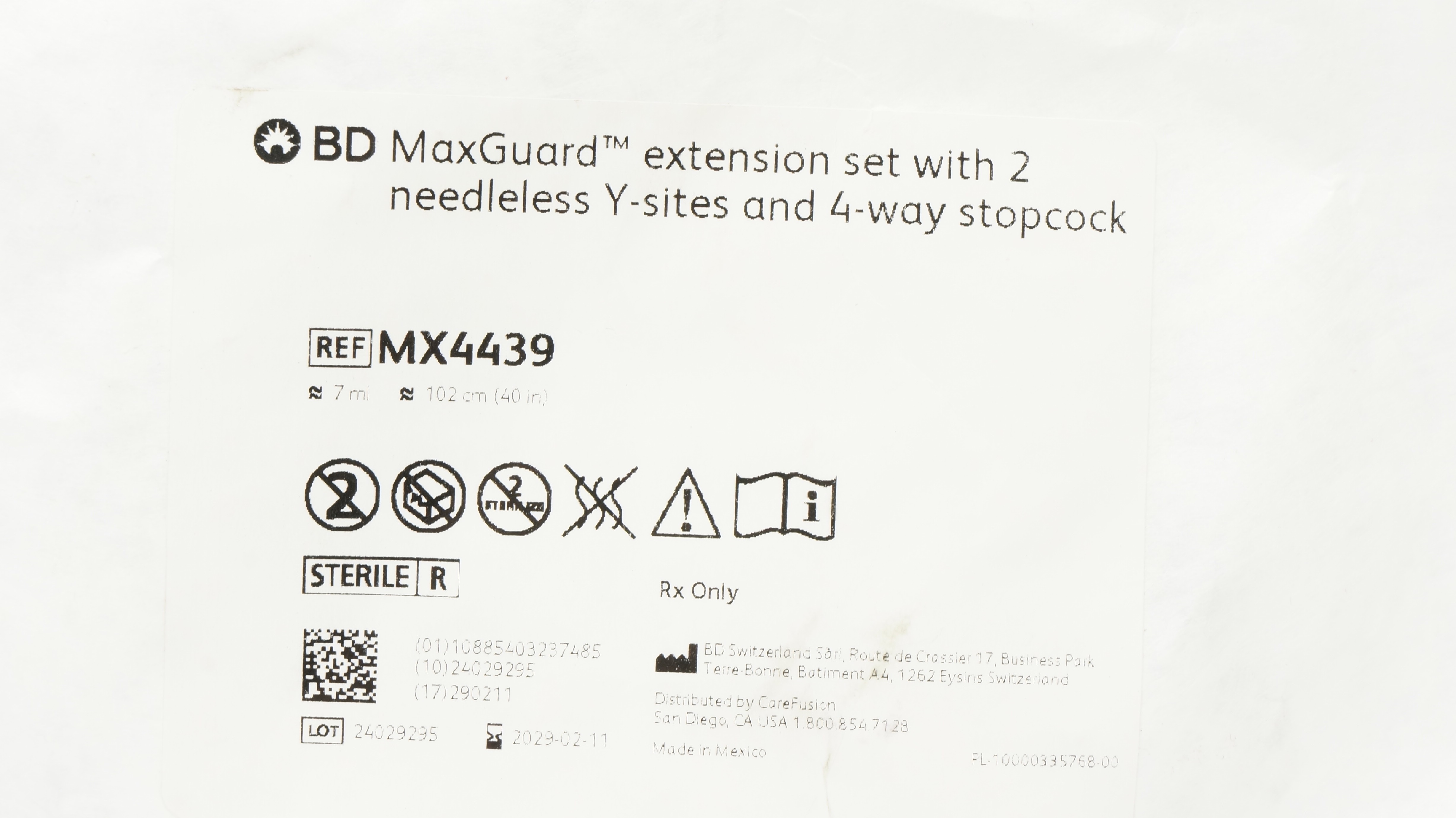 BD MX4439 MaxGuard Extension Set w/ 2 Ndleless Y-Site&4-Way StopCock 7ml x 40inch