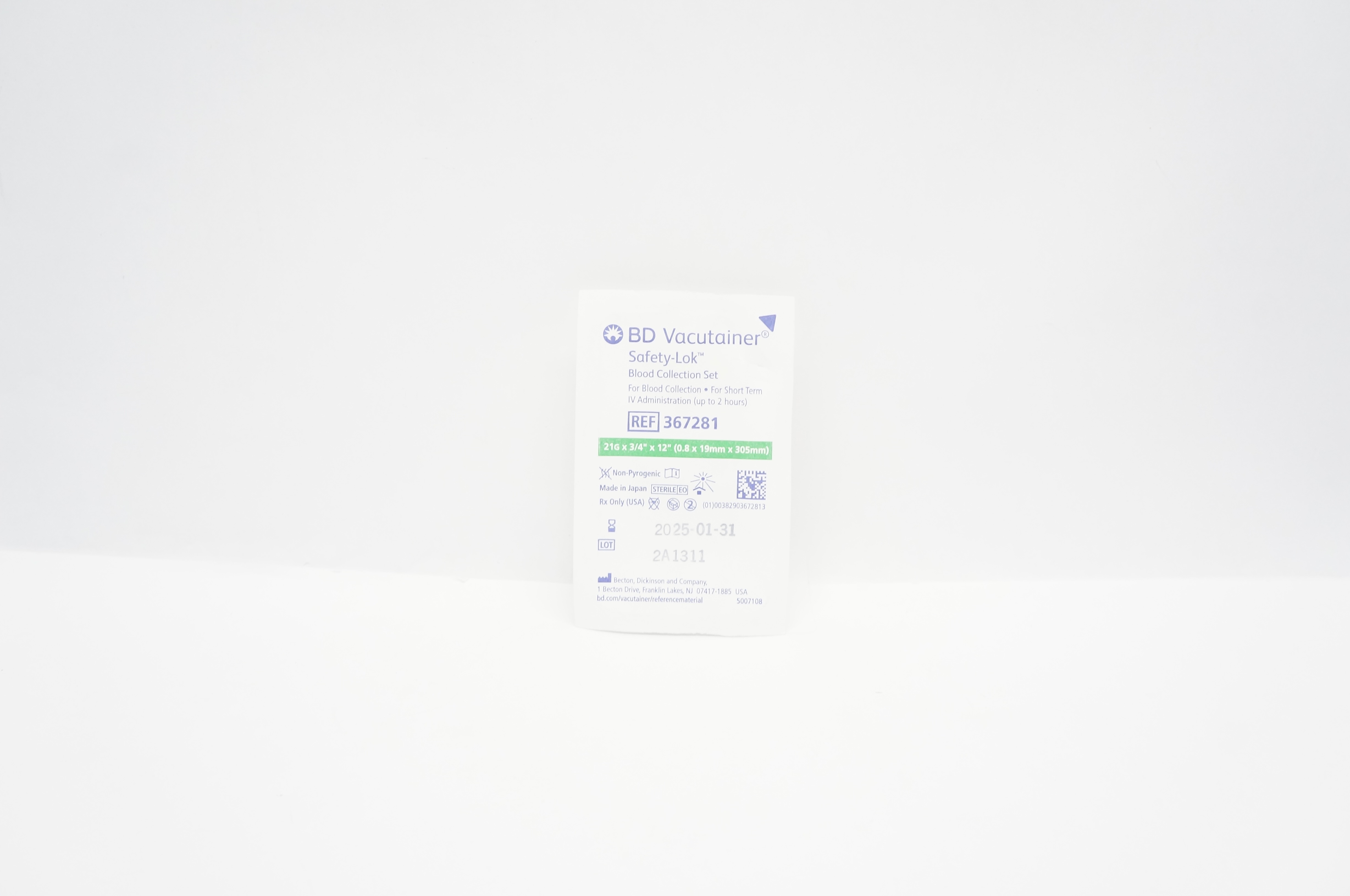 BD 367281 Vacutainer Safety-Lok Blood Collection Set 21G x 3/4inch x 12inch