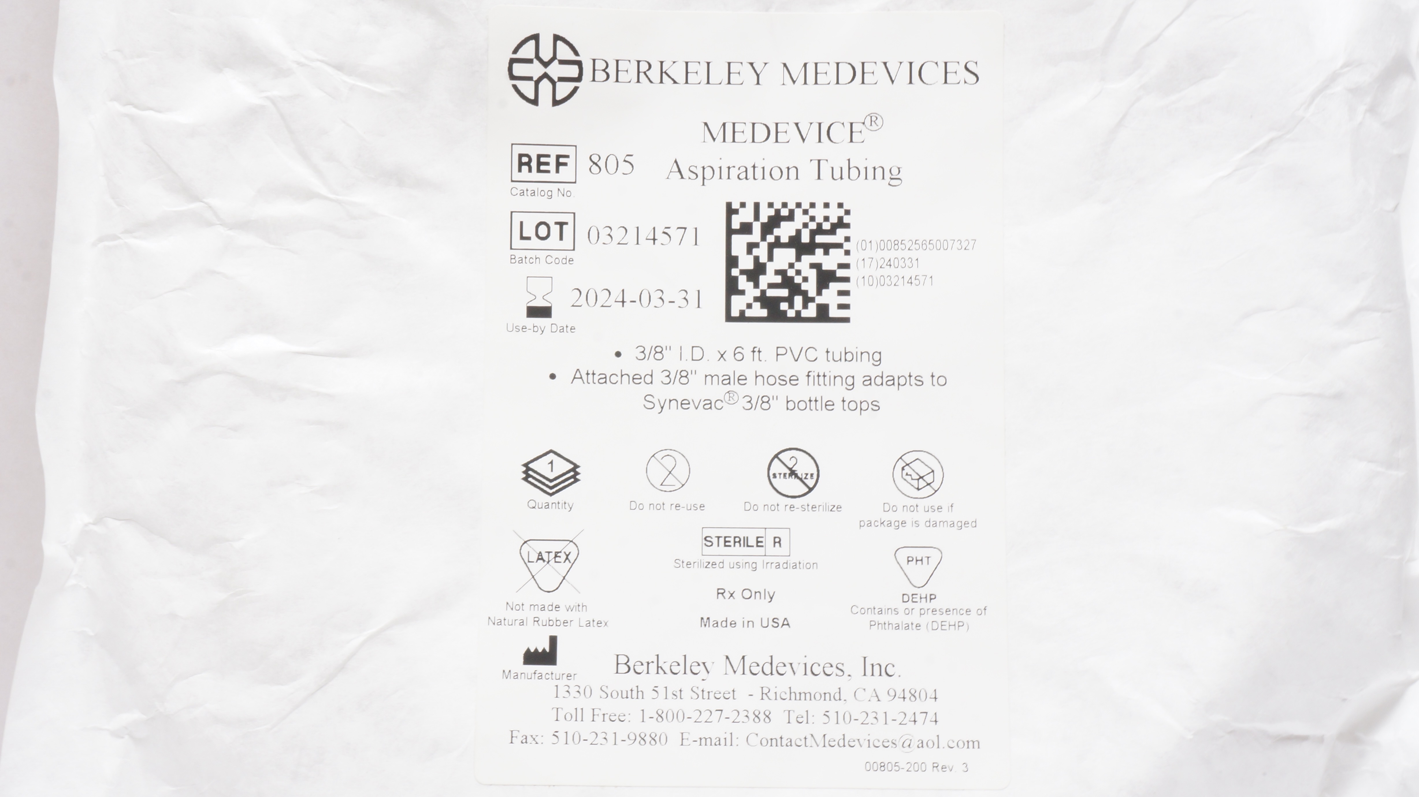 Berkeley Medevices 805 Aspiration PVC Tubing 3/8inch ID x 6ft.