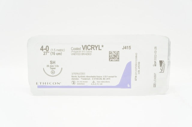 Ethicon J415 4-0 Coated Vicryl Stre Undyed Braided SH 26mm 1/2c Taper 27inch (x)