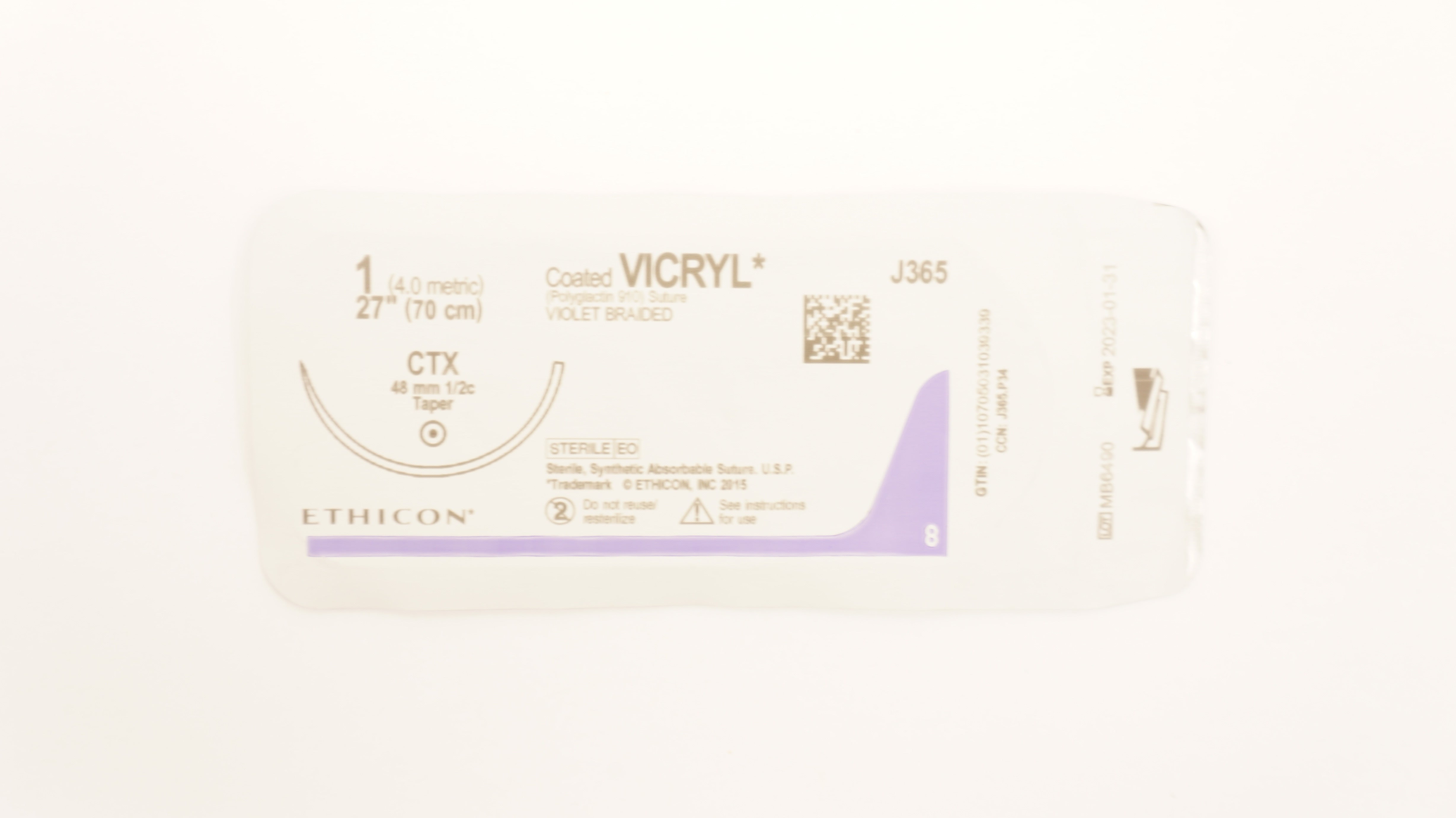 Ethicon J365 1 Coated Vicryl Stre CTX Violet Braided CTX 48mm 1/2c Taper 27inch