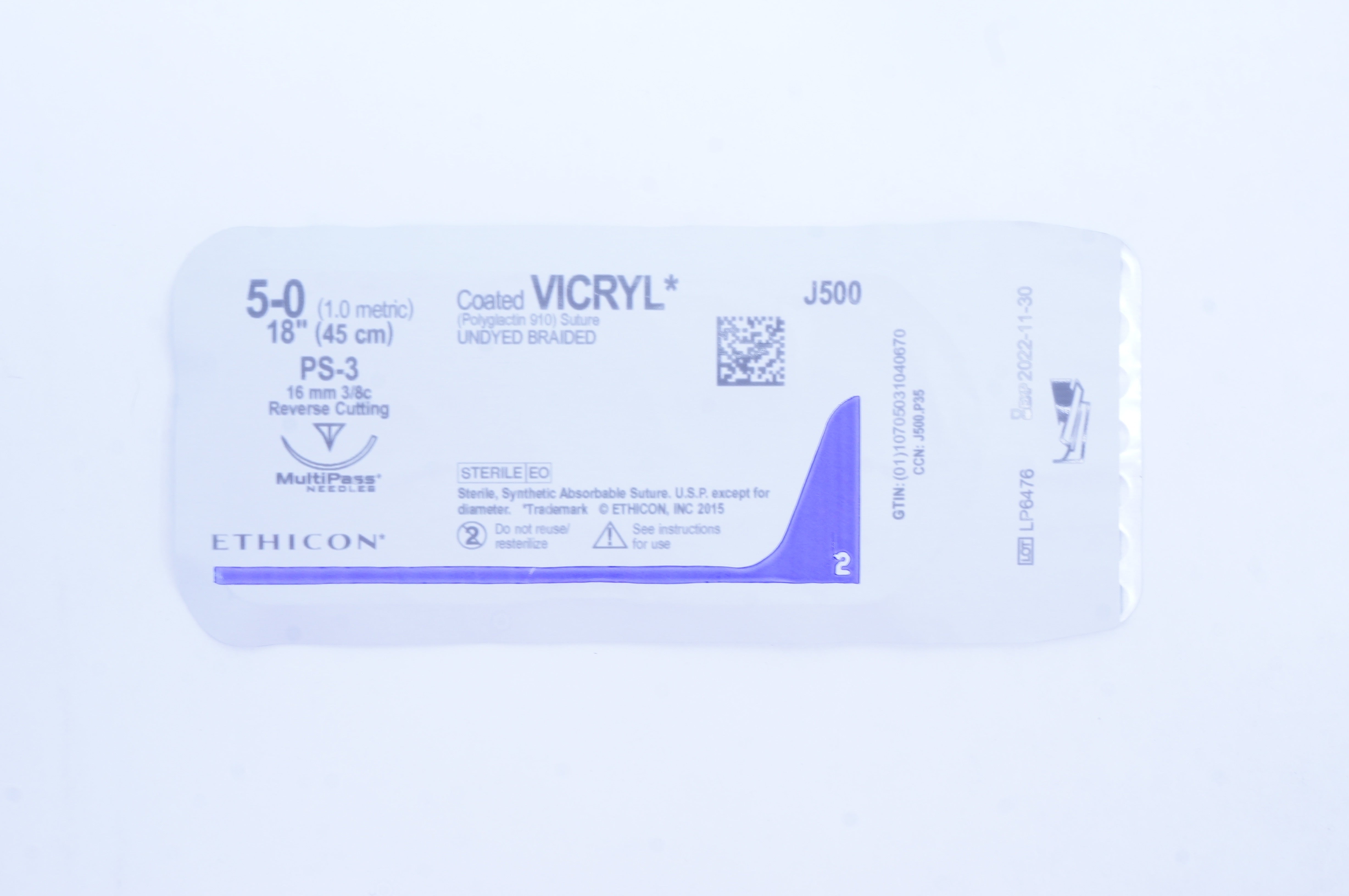Ethicon J500 5-0 Coated VICRYL Stre PS-3 16mm 3/8c Reverse Cutting, 18inch (x)