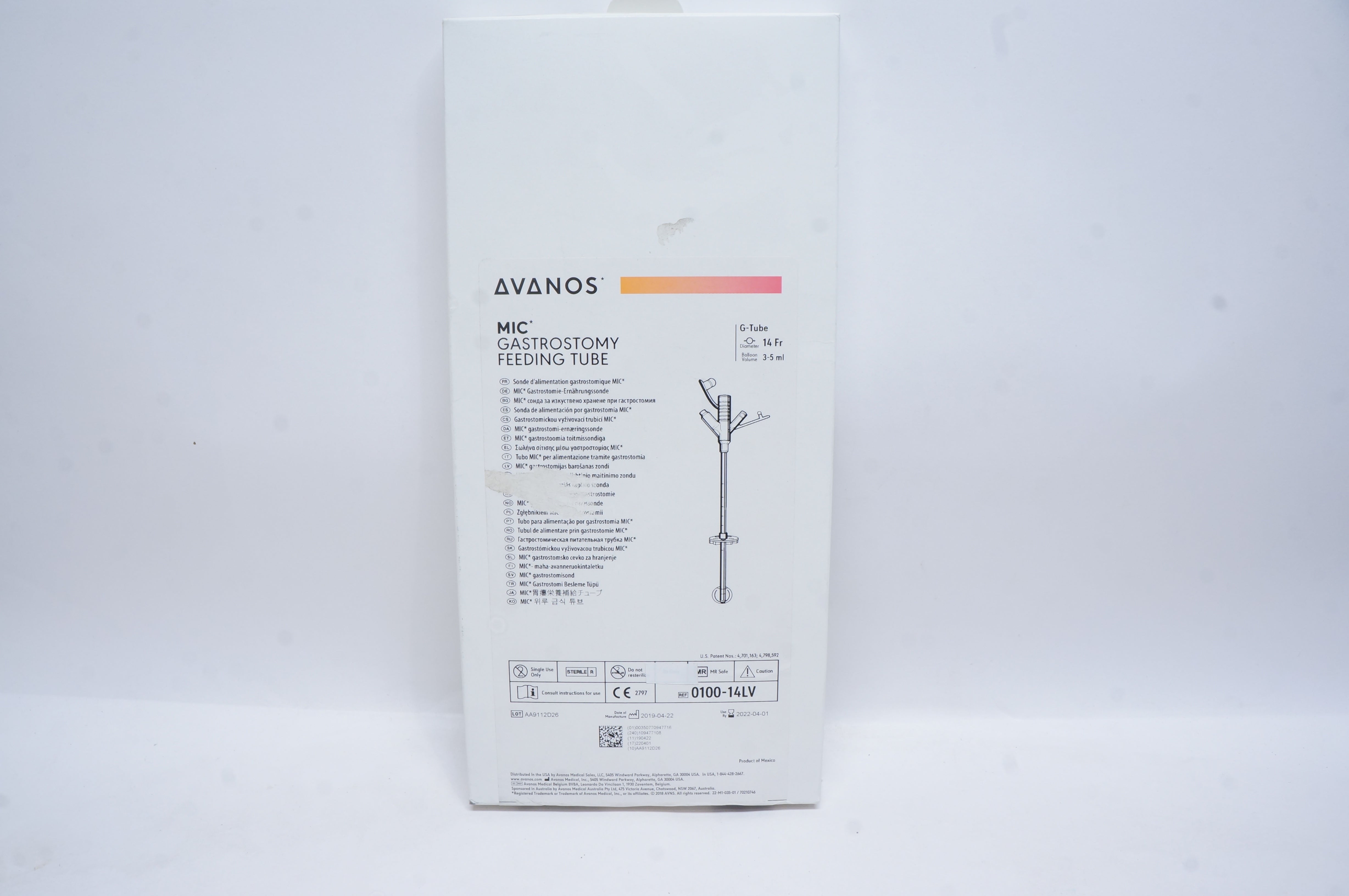 Avanos 0100-14LV MIC Gastrostomy Feeding Tube 14Fr., 3-5ml