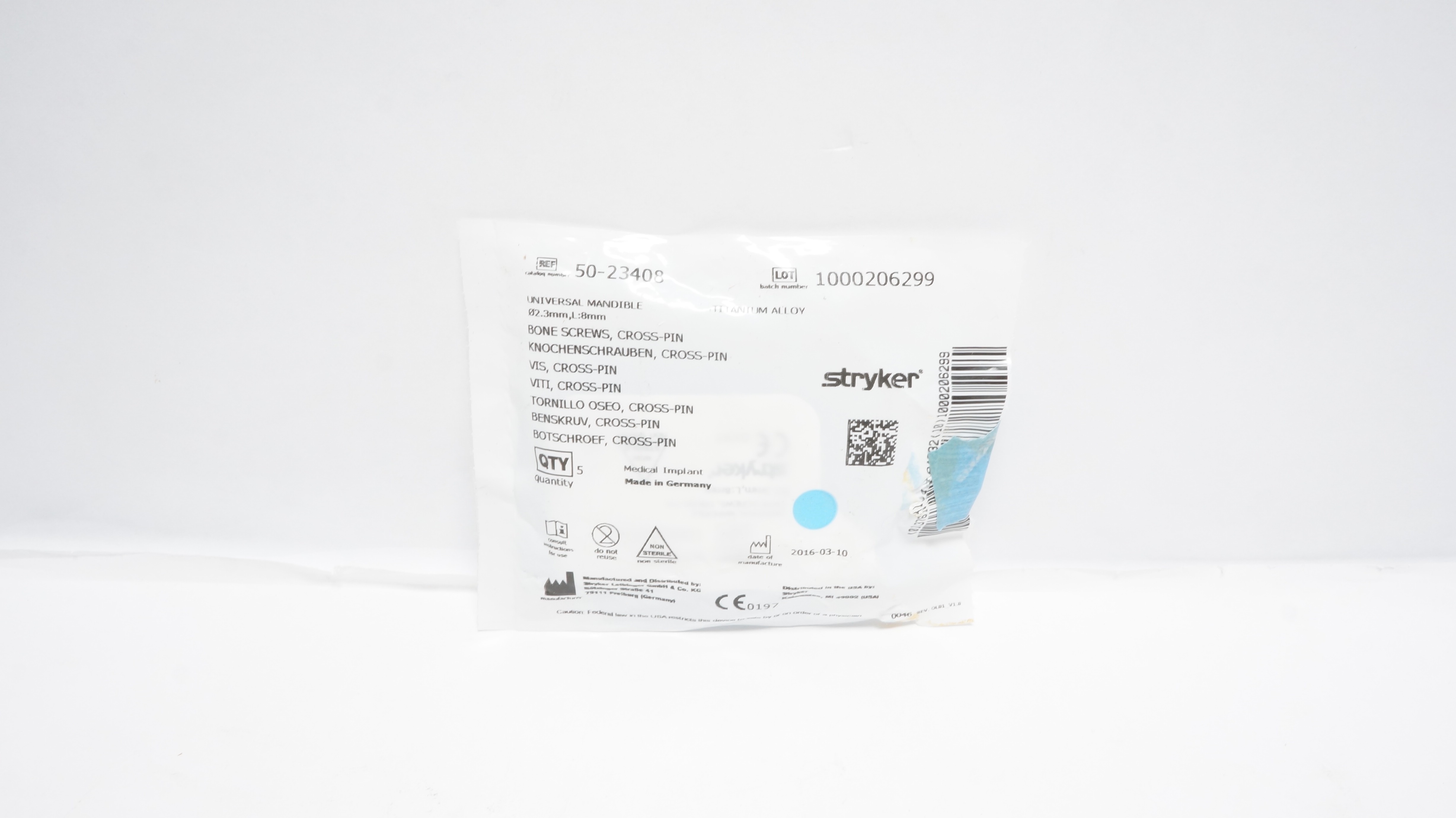 Stryker 50-23408 Universal Mandible Diameter2.3mm, L:8mm Bone Screws, Cross-Pin