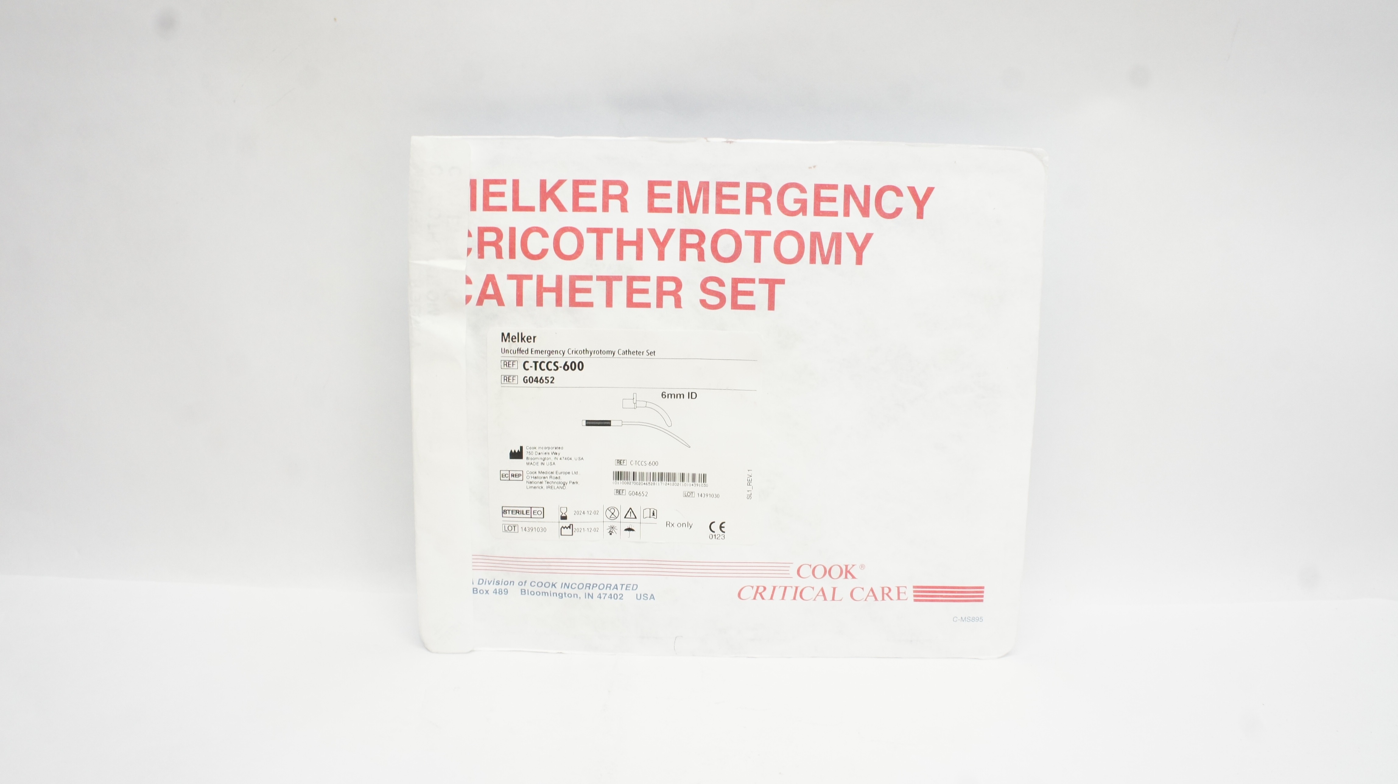 Cook Medical G04652 Melker Uncuffed Emergency Cricothyrotomy Cath. Set 6mm ID