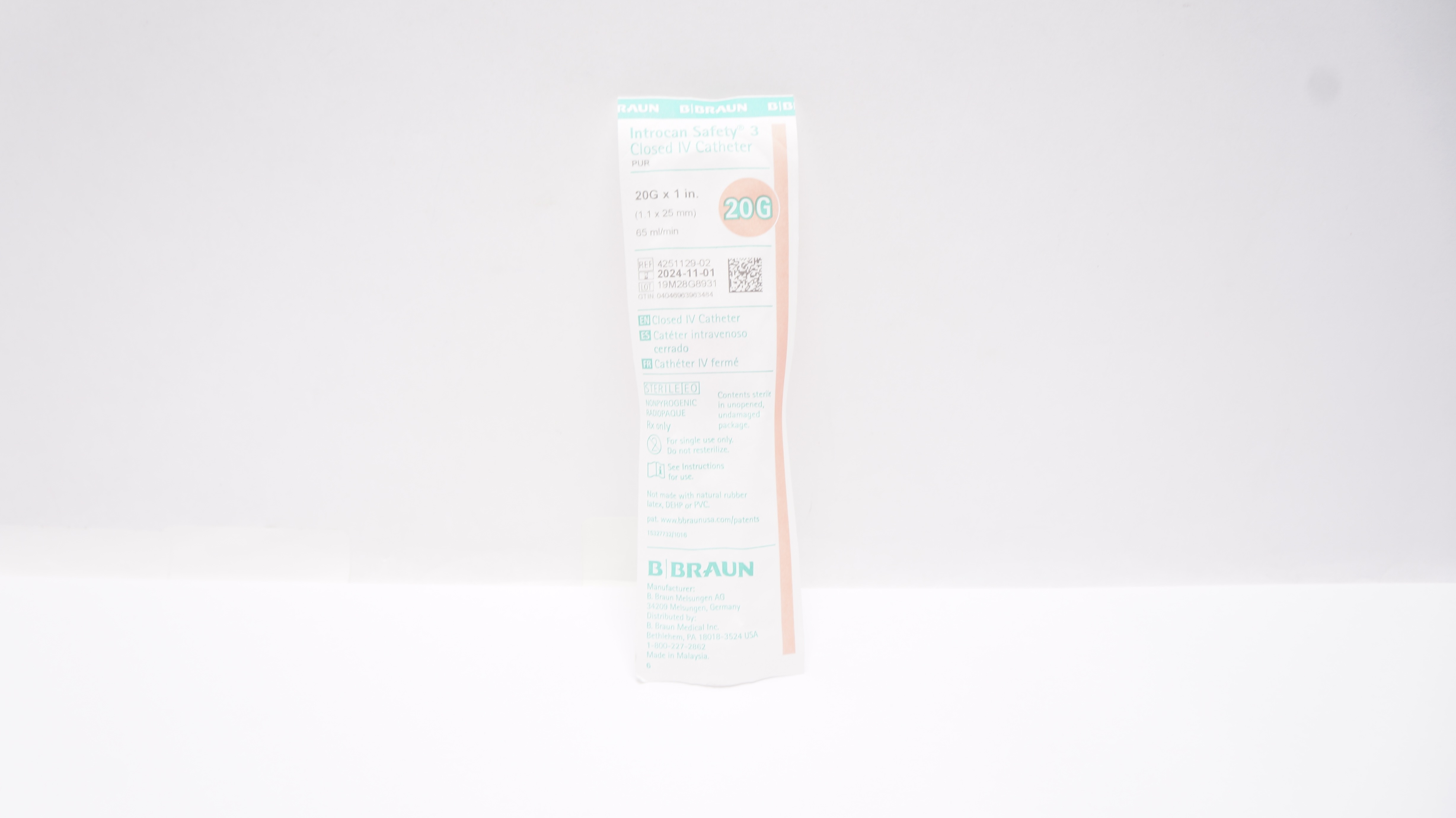 Braun 4251129-02 Introcan Safety 3 Closed IV Cath. PUR 20G x 1 inch x 65mL/min