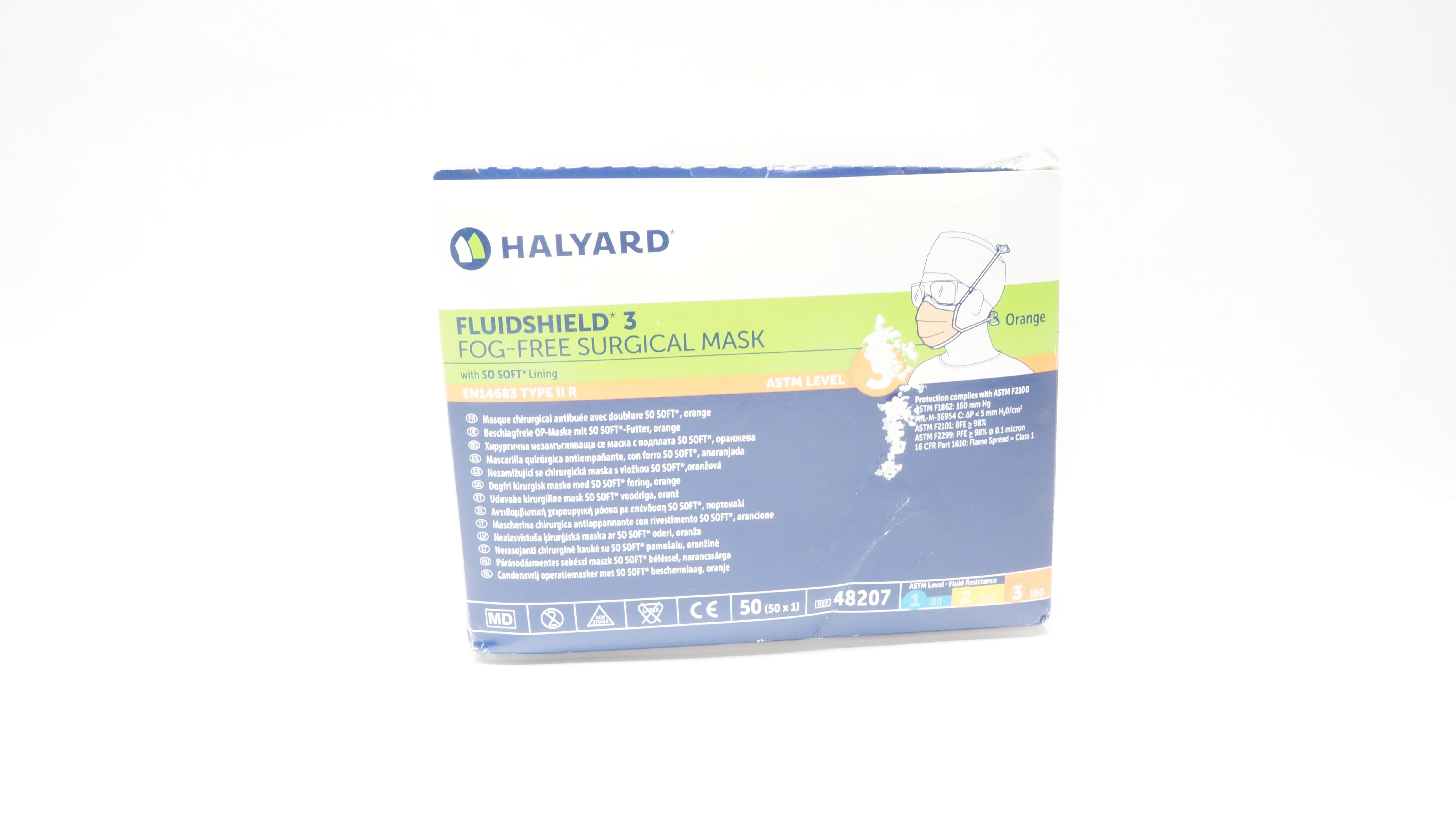 Halyard 48207 Fluishield 3 Fog-Free Surgical Mask Orange - Box of 50