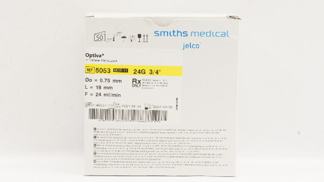 Smiths Medical 5053 Jelco Optiva IV Cath. Radiopaque 24G x 3/4inch - Box of 50