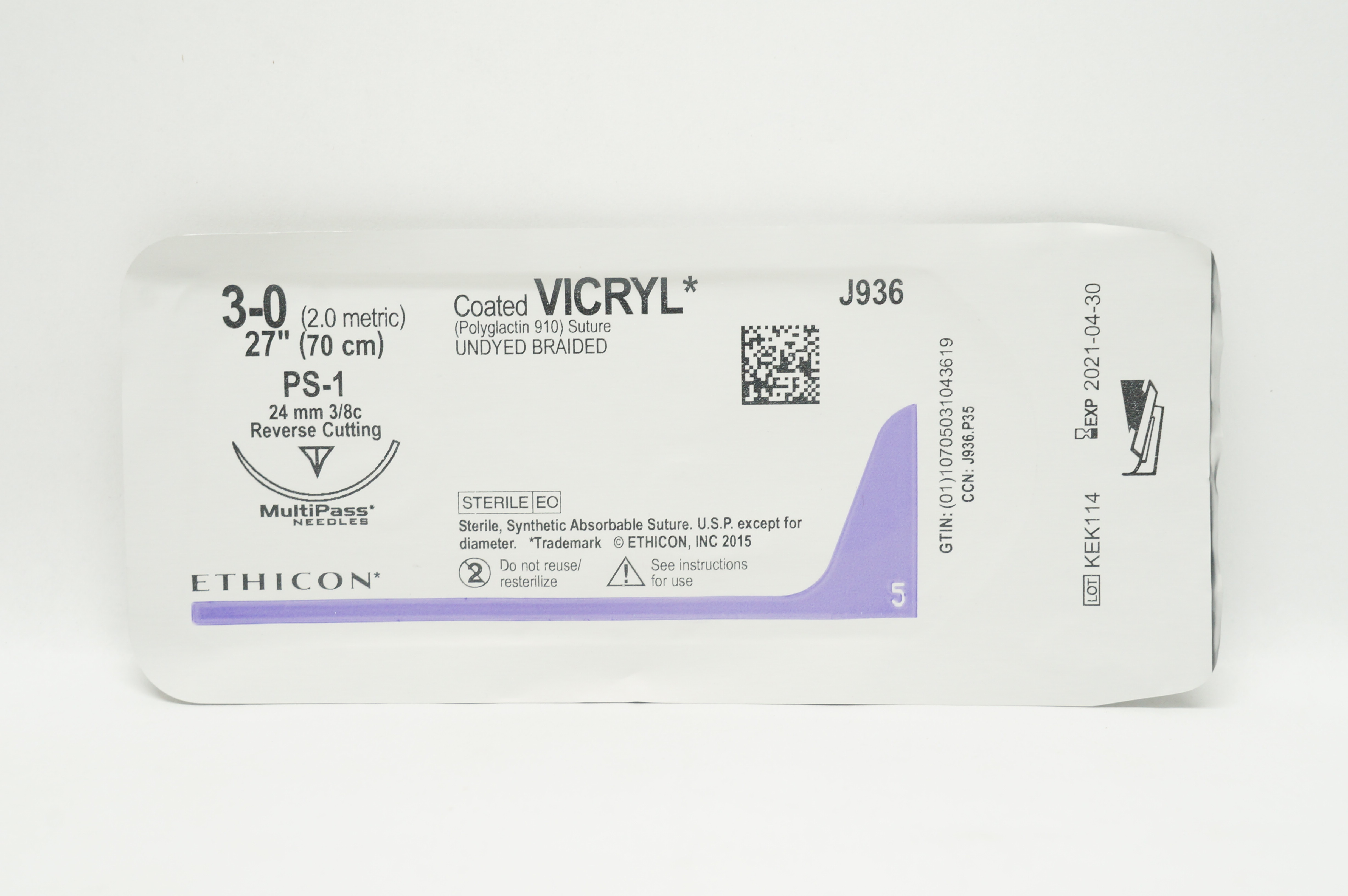 Ethicon J936 3-0 Coated VICRYL Stre PS-1 24mm 3/8c Reverse Cutting 27inch(x)
