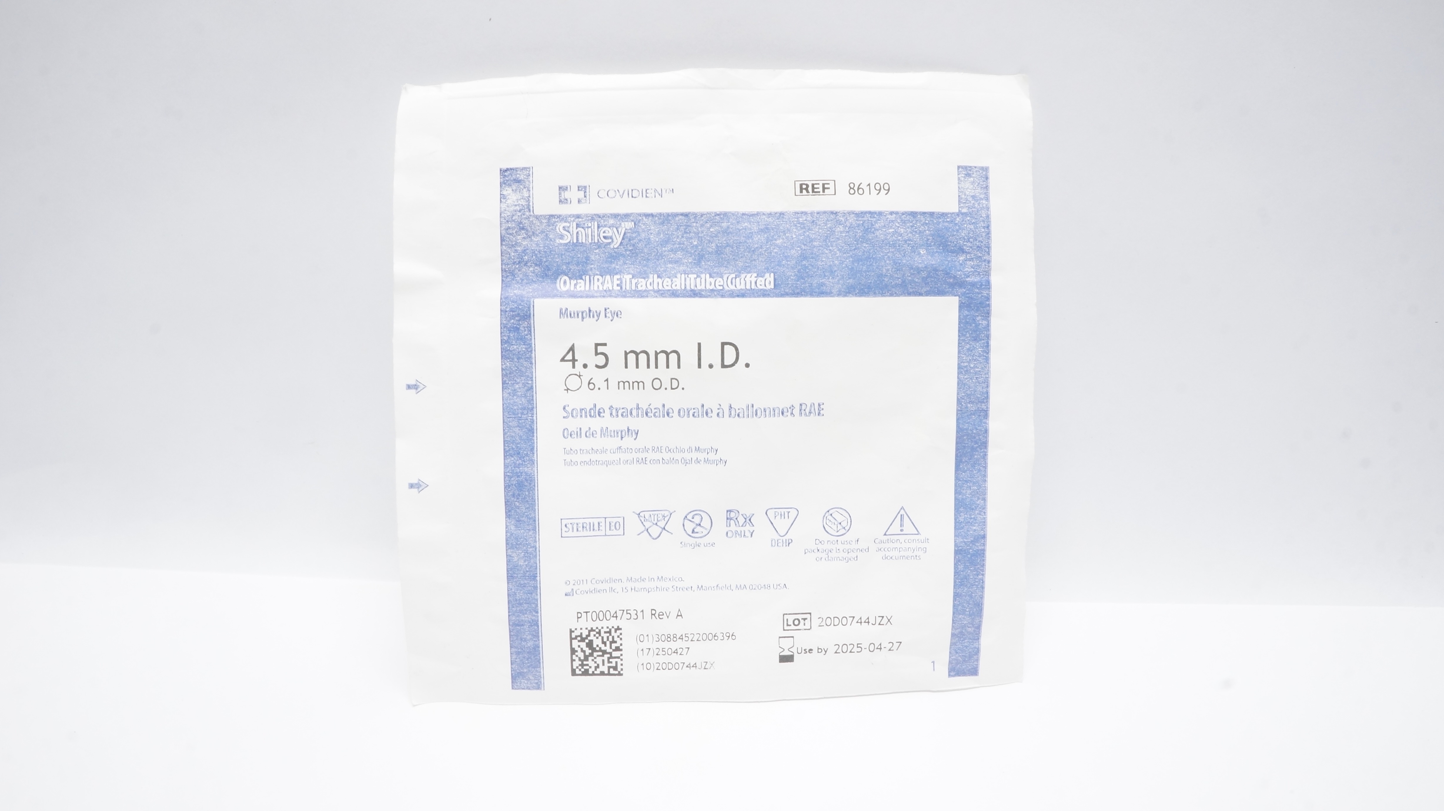 Covidien 86199 Shiley Oral RAE Tracheal Tube Cuffed 4.5mm I.D. x 6.1mm O.D.