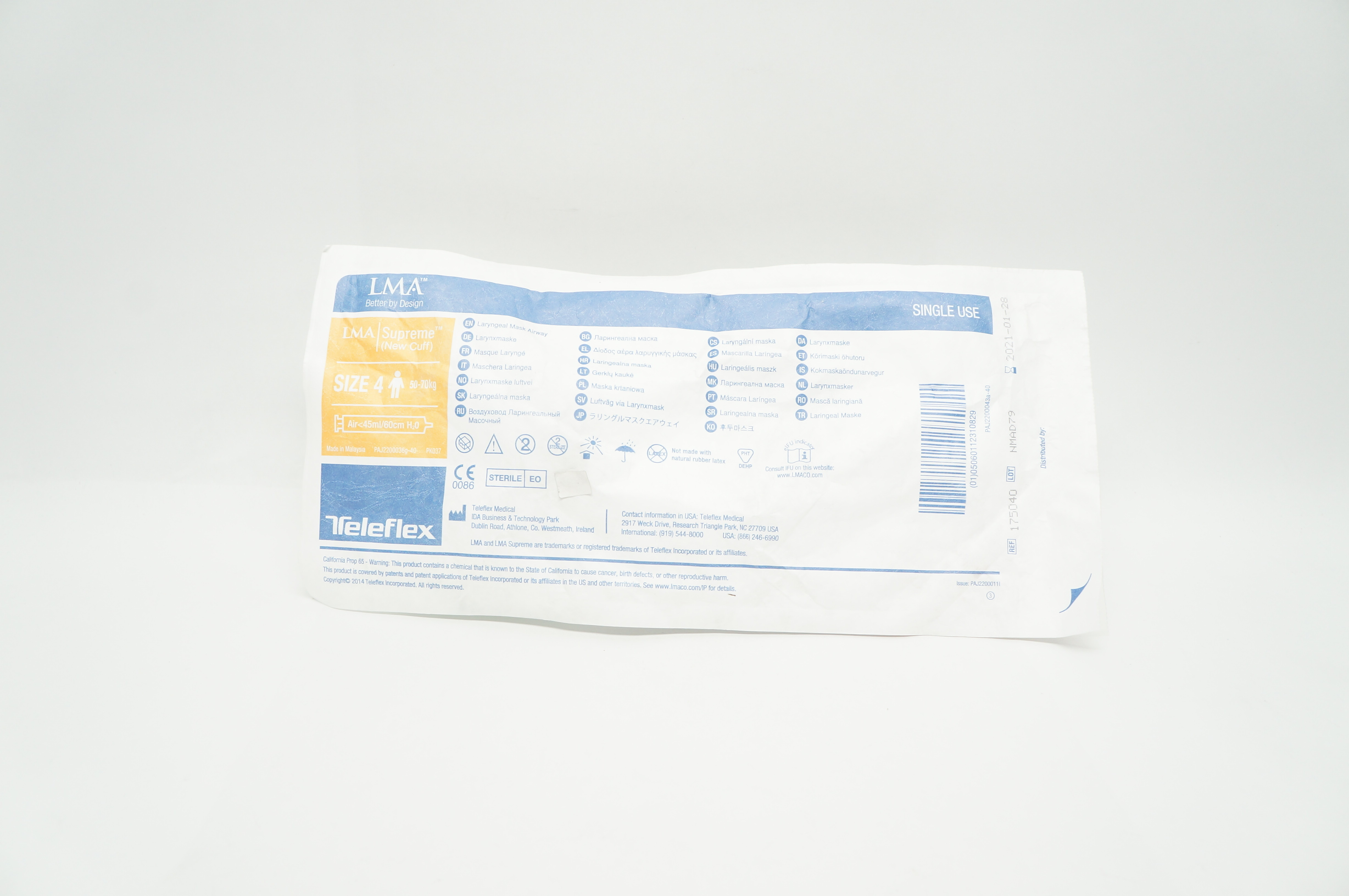 Teleflex 175040 LMA Supreme Laryngeal Mask Airway Size 4 50-70kg <45ml/60cm (x)