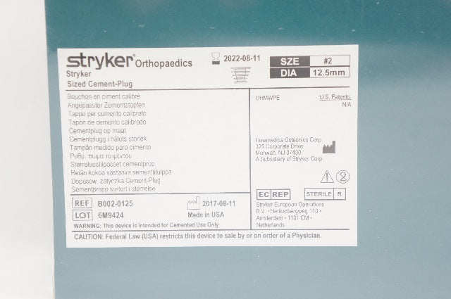 Stryker B002-0125 Sized Cement-Plug, Size 2, 12.5mm (x)